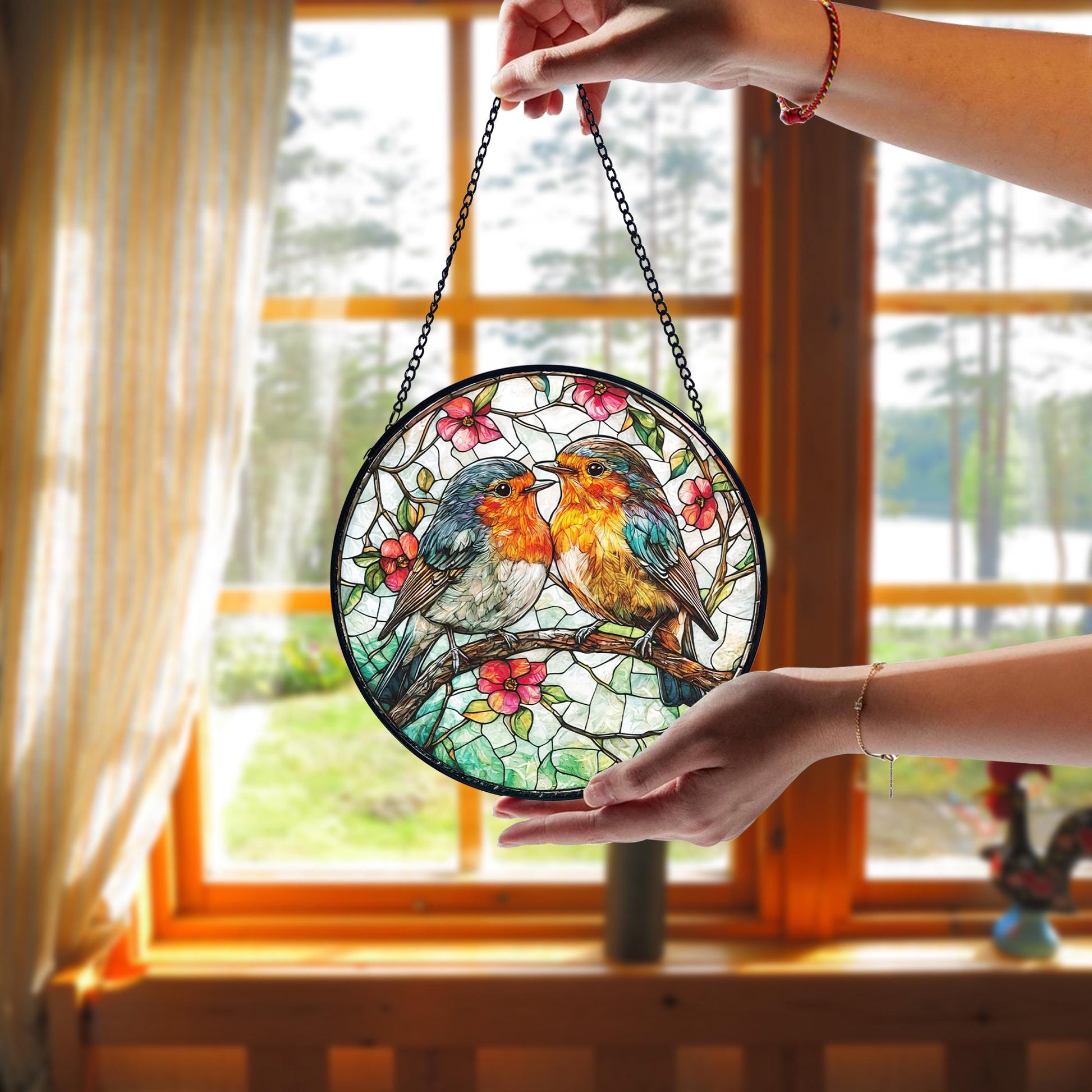 Robin Couple Stained Glass Suncatcher_ Romantic Bird Window Hanging, Artistic Stained Glass Acrylic Panel, Window Light Catcher Hanging, Colorful Home Decor Accent, Handmade Gift for Any Occasion