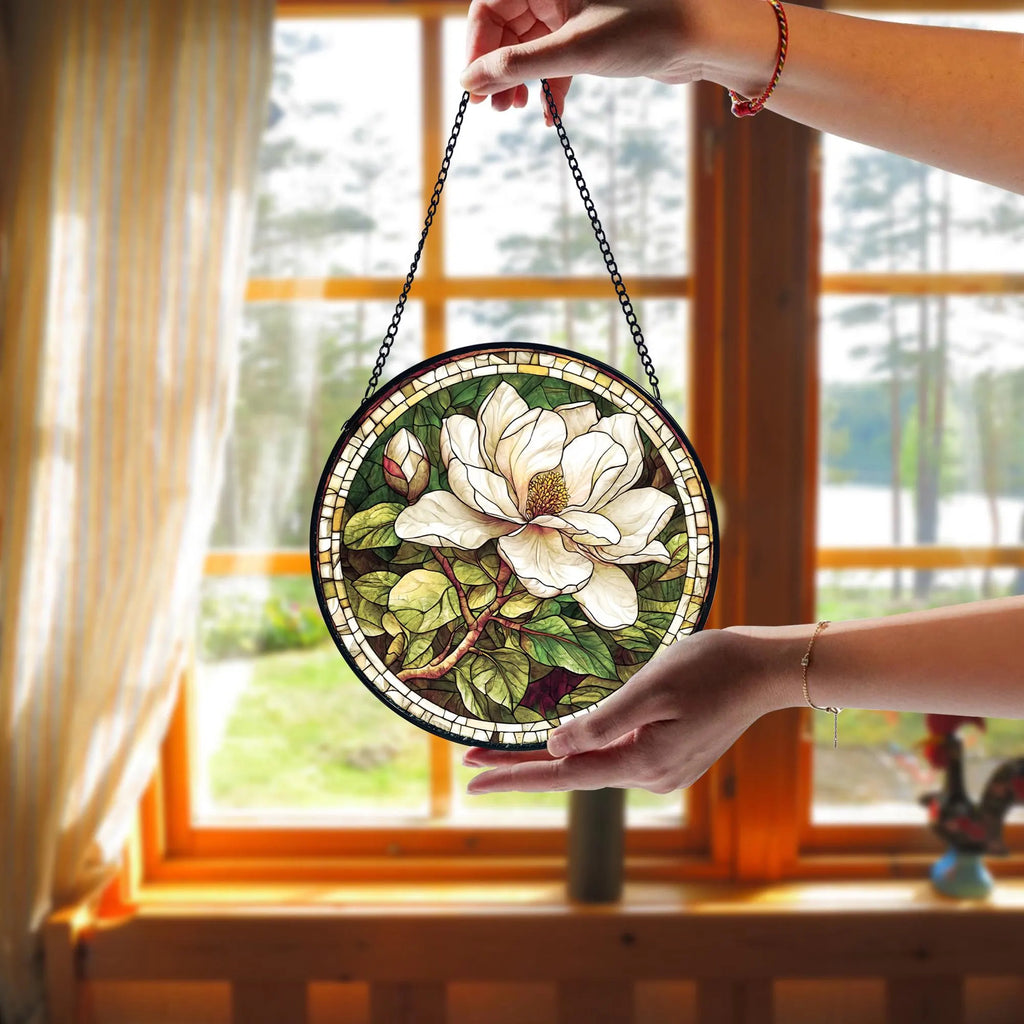 White Magnolia Stained Glass Suncatcher_ Handmade Floral Window Hanging, Decorative Stained Glass Style Suncatcher, Acrylic Window Art Panel, Sun Catcher Hanging Ornament, Unique Home Accent, andmade Home Decoration