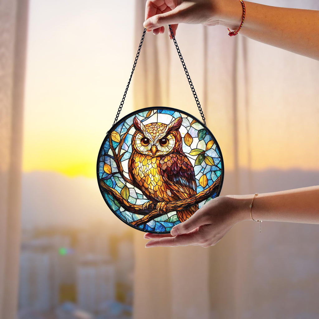 Stained Glass Owl Suncatcher_ Handcrafted Window Hanging Decor, Stained Glass Style Clover Window Suncatcher, Acrylic Lucky Hanging Decor, Four Leaf Sun Catcher, Green Home Ornament