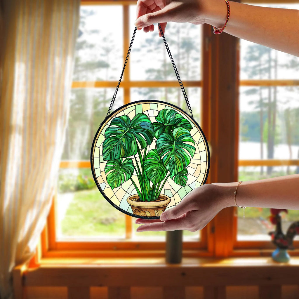 Handmade Stained Glass Monstera Suncatcher_ Botanical Window Hanging, Handcrafted Stained Glass Suncatcher, Vibrant Window Art Panel, Sunlit Light Catcher Decoration, Boho Room Decor, Gift for Home Lovers