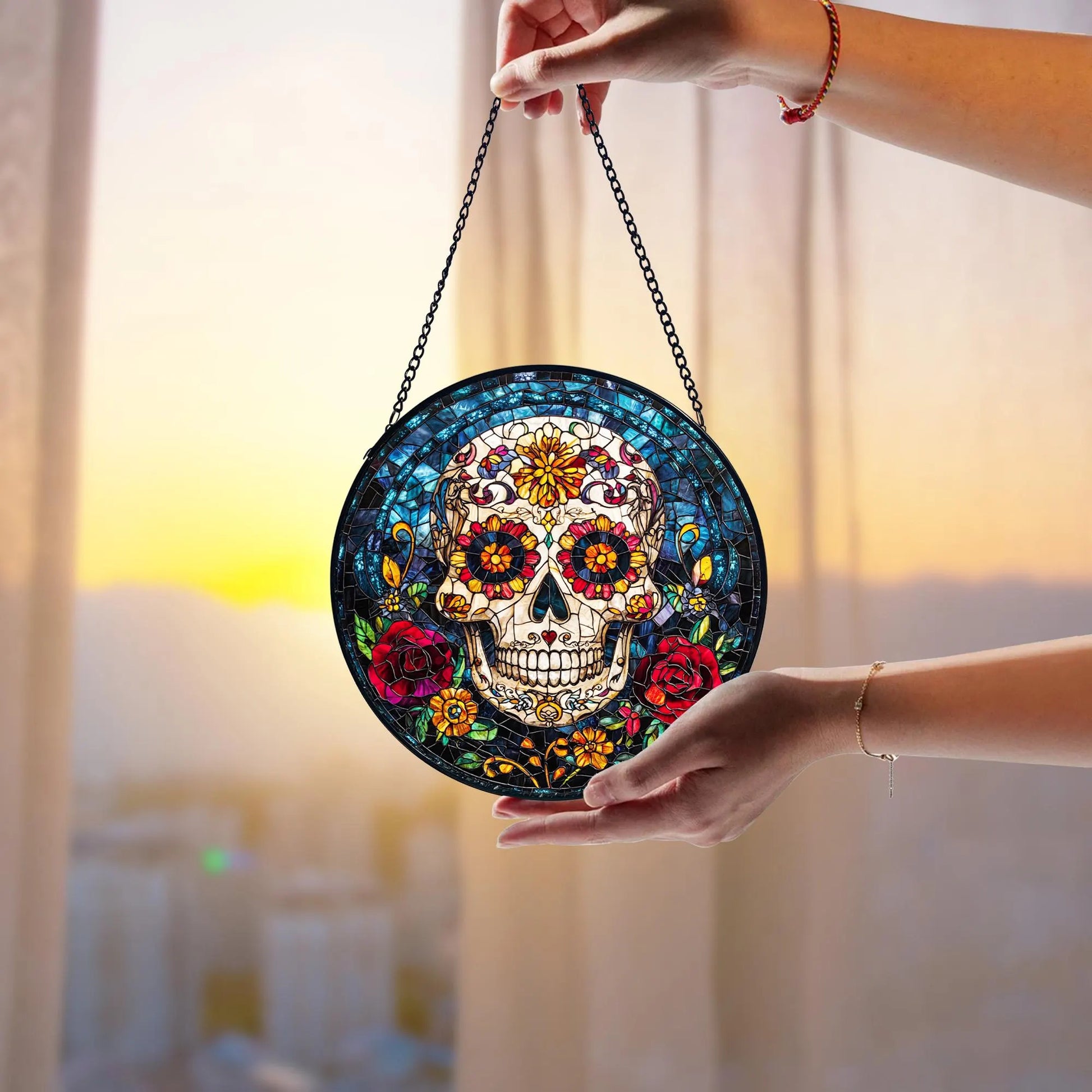 Stained Glass Style Sugar Skull Ornament, Sugar Skull Acrylic Window Hanging, Colorful Day of the Dead Decor, Sugar Skull Suncatcher Gifts, Acrylic Stained Glass Clover Suncatcher, Lucky Window Hanging, Boho Green Ornament, Unique Artisan Home Decor