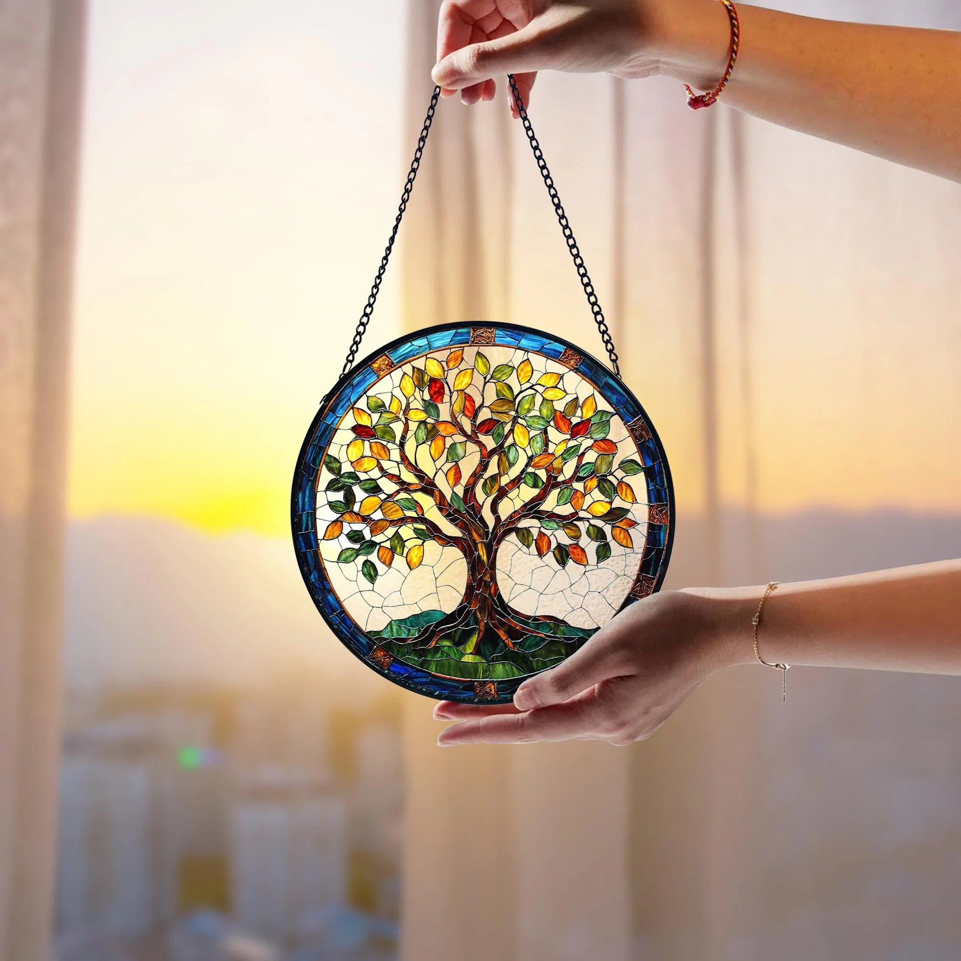 Stained Glass Tree of Life Suncatcher_ Handmade Window Hanging Decor, Acrylic Stained Glass Clover Suncatcher, Lucky Window Hanging, Boho Green Ornament, Unique Artisan Home Decor