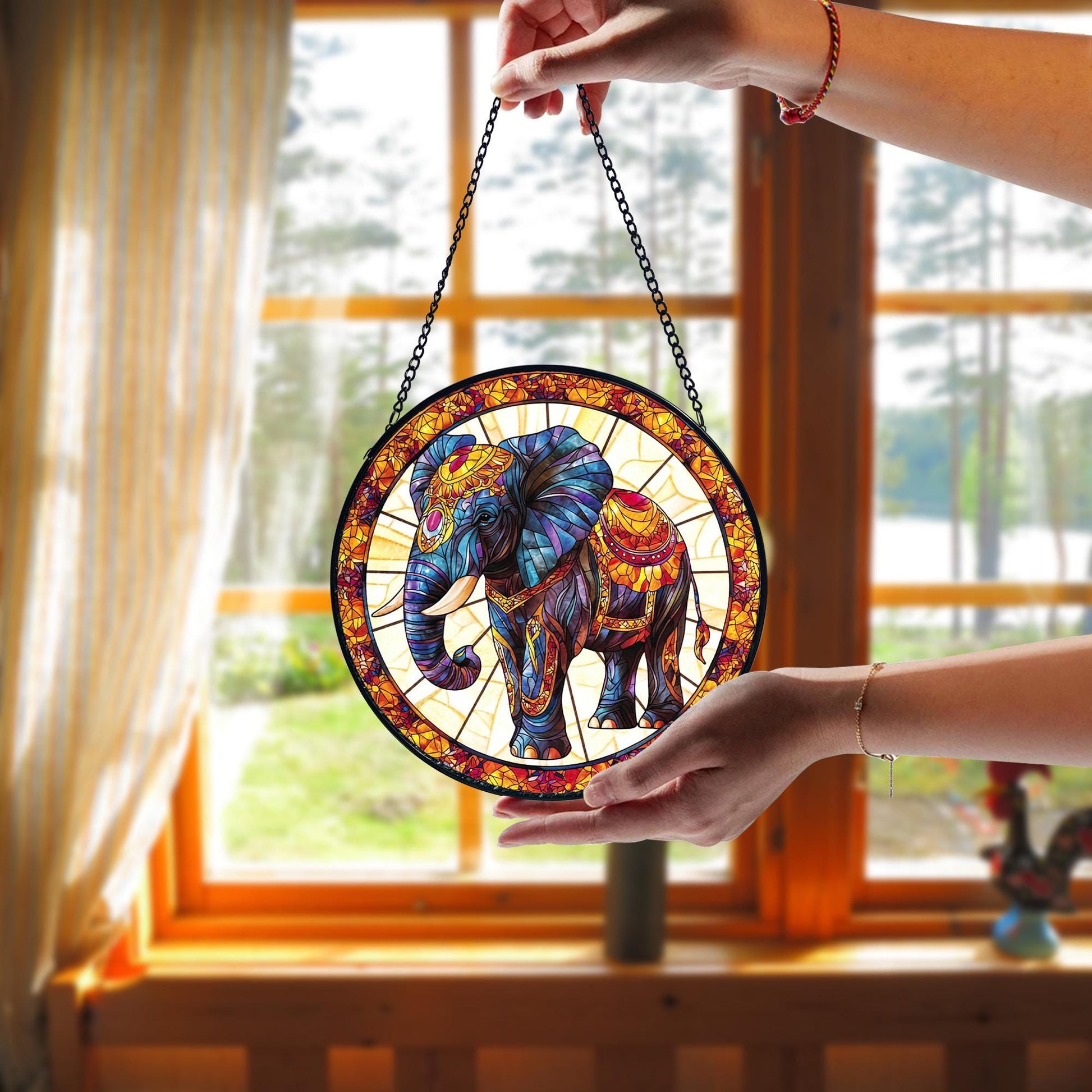Handcrafted Elephant Stained Glass Suncatcher_ Window Hanging Decor, Stained Glass Style Window Hanging Colorful Sun Catcher Ornament, Boho Window Decoration, Unique Gift