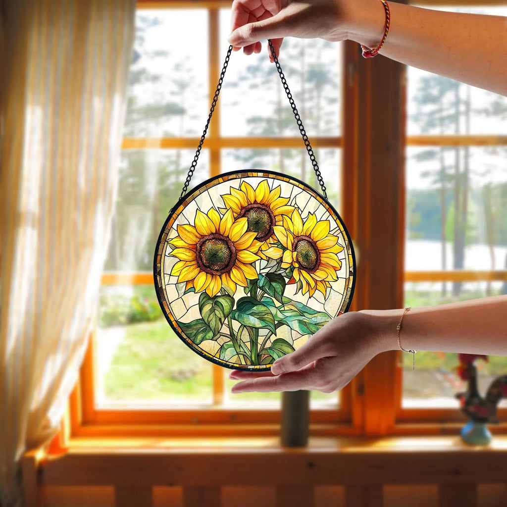 Handmade Sunflower Stained Glass Suncatcher_ Nature-inspired Window Decor, Handcrafted Stained Glass Suncatcher, Vibrant Window Art Panel, Sunlit Light Catcher Decoration, Boho Room Decor, Gift for Home Lovers