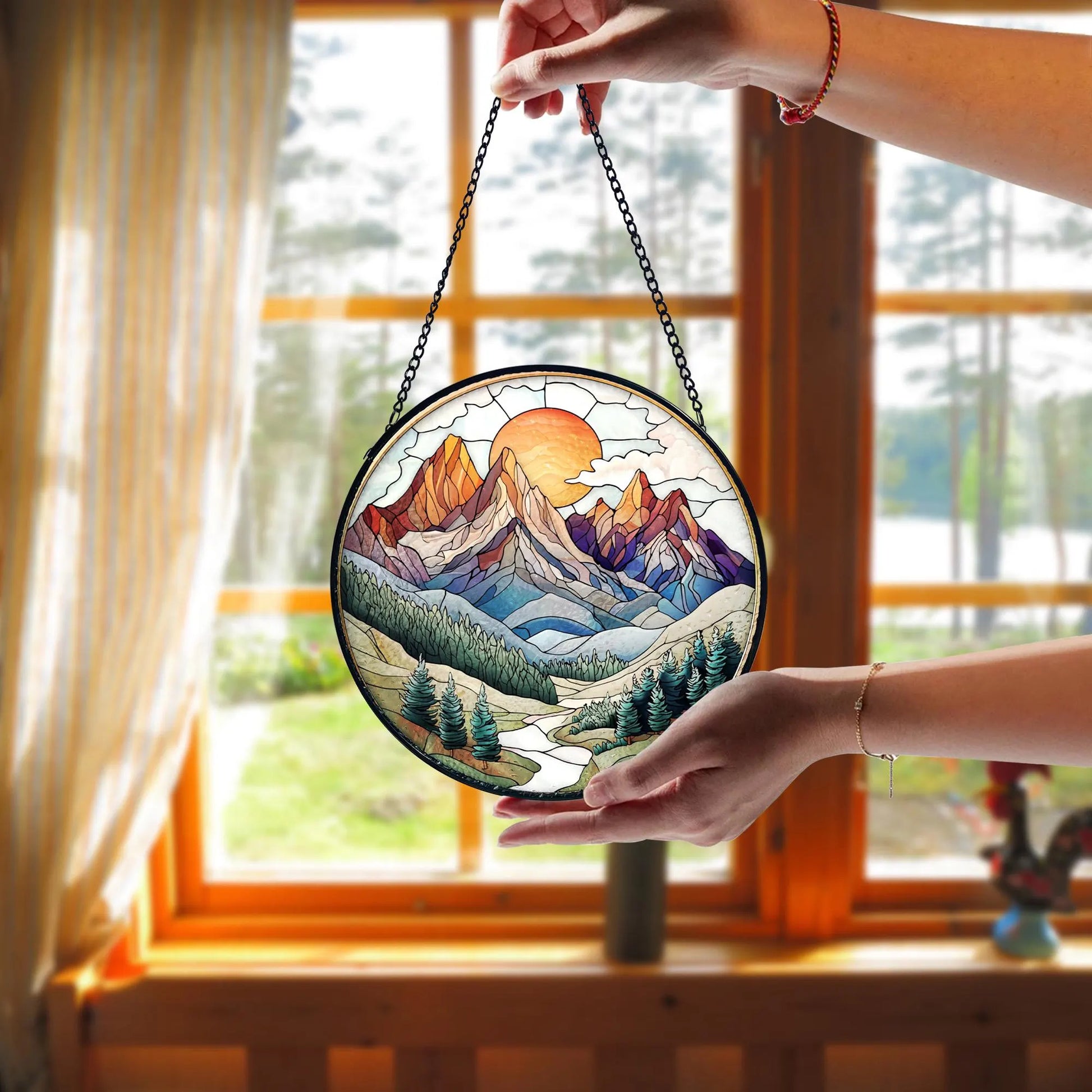 Handmade Mountain Range Stained Glass Suncatcher_ Nature Window Hanging, Stained Glass Acrylic Suncatcher, Vibrant Window Hanging Art, Colorful Light Catcher Decor, Boho Window Ornament, Unique Home Gift