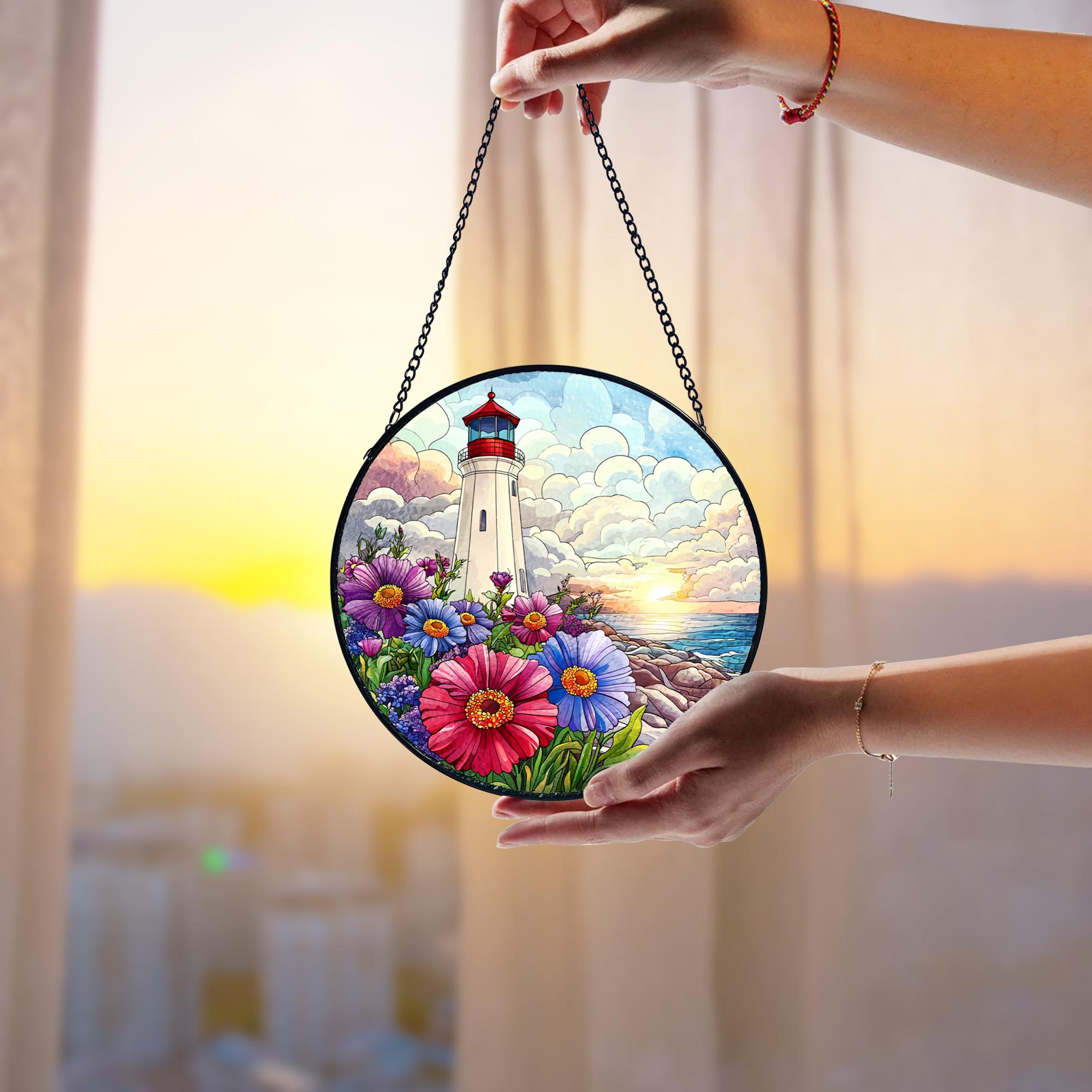 Lighthouse Stained Glass Suncatcher_ Coastal Window Hanging, Acrylic Stained Glass Window Art, Handmade Sun Catcher Hanging Decor, Colorful Light Reflecting Panel, Unique Gift for Home