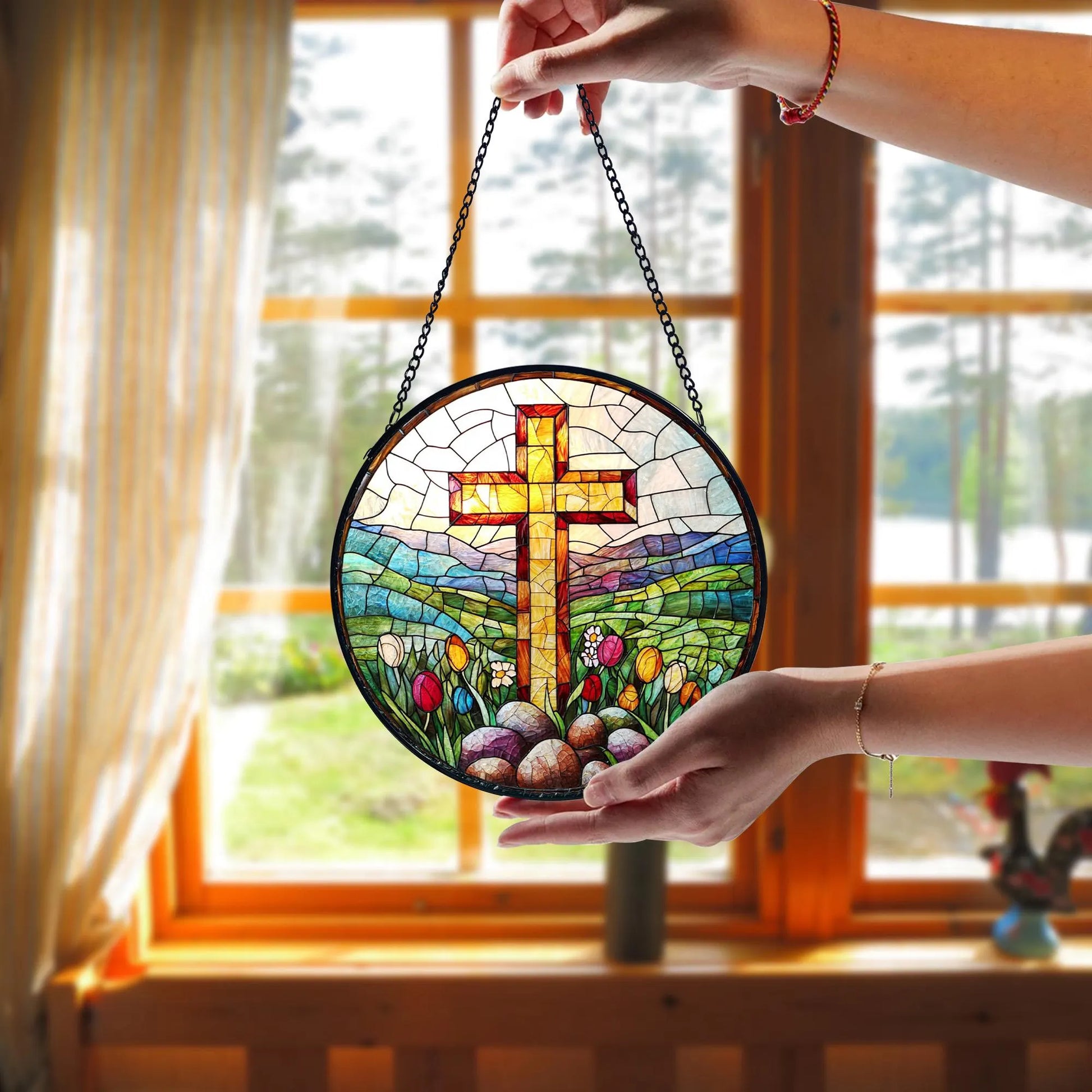Easter Cross Stained Glass Suncatcher_ Christian Window Hanging, Colorful Sun Catcher Ornament, Boho Window Decoration, Unique Gift