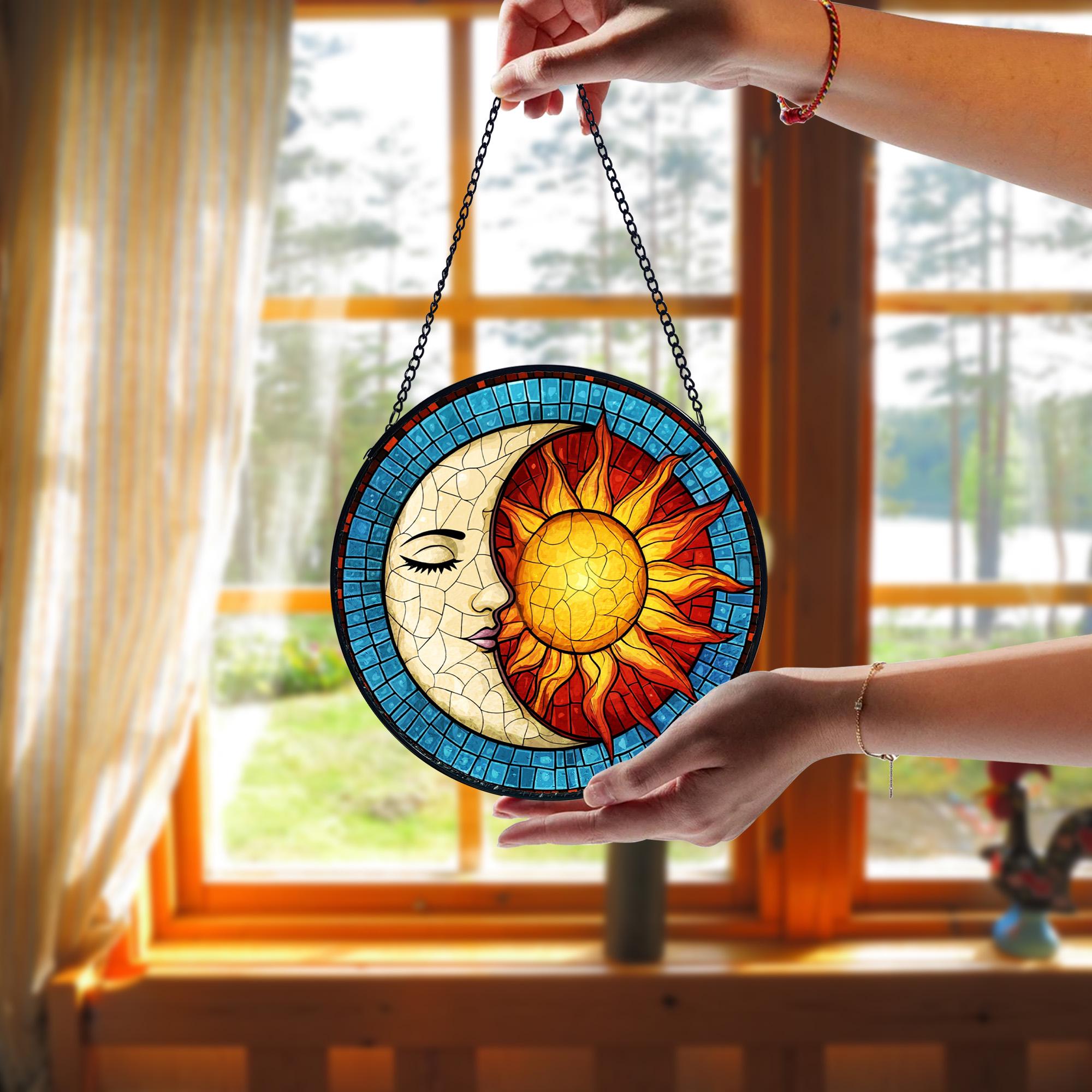 Handmade Sun and Moon Stained Glass Suncatcher_ Celestial Window Decor, Handcrafted Stained Glass Suncatcher, Vibrant Window Art Panel, Sunlit Light Catcher Decoration, Boho Room Decor, Gift for Home Lovers
