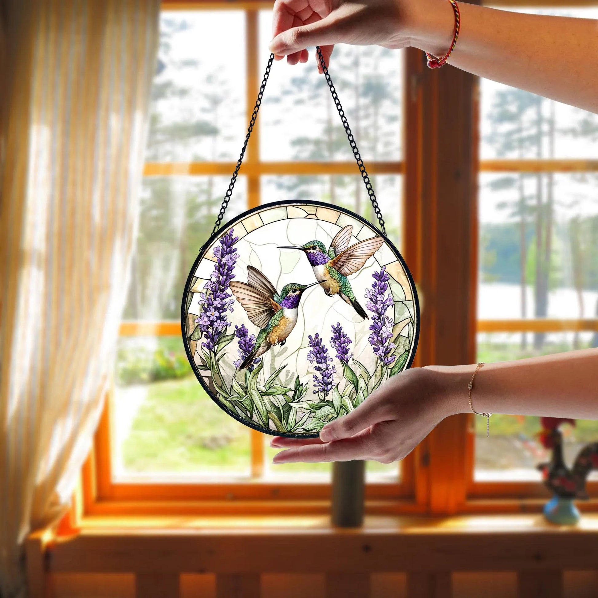 Handmade Stained Glass Suncatcher_ Hummingbirds and Lavender Decor, Handcrafted Stained Glass Suncatcher, Vibrant Window Art Panel, Sunlit Light Catcher Decoration, Boho Room Decor, Gift for Home Lovers