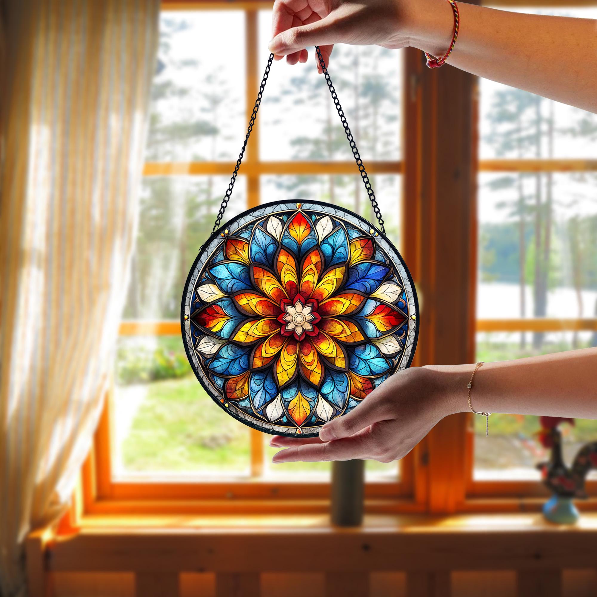 Handmade Mandala Suncatcher_ Painted Stained Glass Window Decor, Stained Glass Acrylic Suncatcher, Vibrant Window Hanging Art, Colorful Light Catcher Decor, Boho Window Ornament, Unique Home Gift
