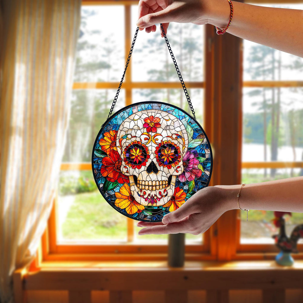 Sugar Skull Stained Glass Window Hanging_ Dia De Los Muertos Decor, Acrylic Stained Glass Clover Suncatcher, Lucky Window Hanging, Boho Green Ornament, Unique Artisan Home Decor