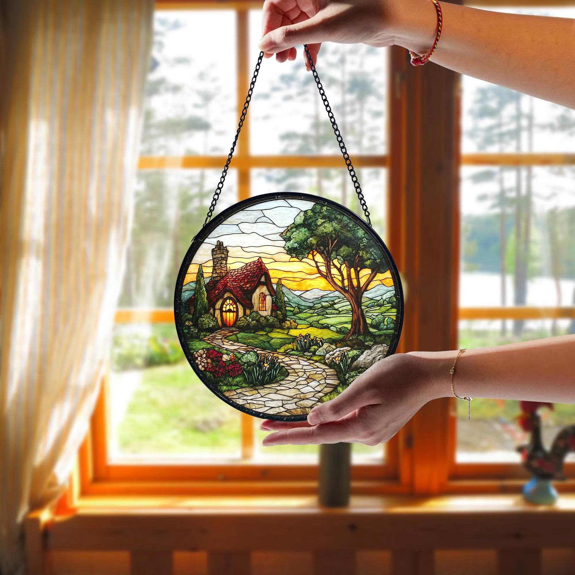 Mushroom Stained Glass Suncatcher_ Sunset Window Hanging Art, Artistic Stained Glass Acrylic Panel, Window Light Catcher Hanging, Colorful Home Decor Accent, Handmade Gift for Any Occasion