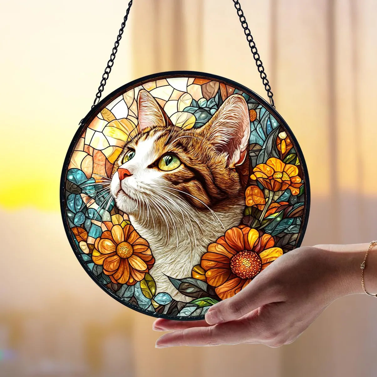 Tabby Cat Stained Glass Suncatcher_ Feline Window Decor, Decorative Stained Glass Style Suncatcher, Acrylic Window Art Panel, Sun Catcher Hanging Ornament, Unique Home Accent, andmade Home Decoration