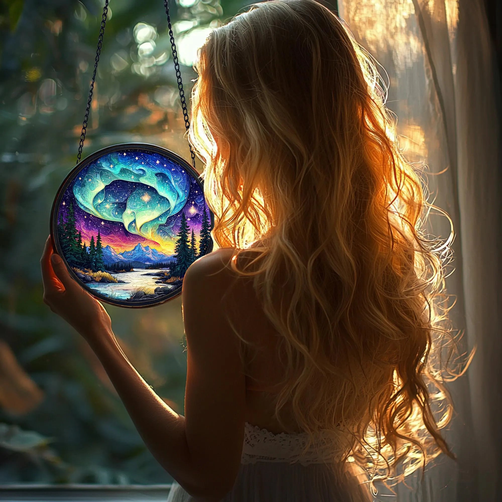 Handmade Aurora Borealis Stained Glass Suncatcher_ Northern Lights Decor, Boho Window Decoration, Unique Gift