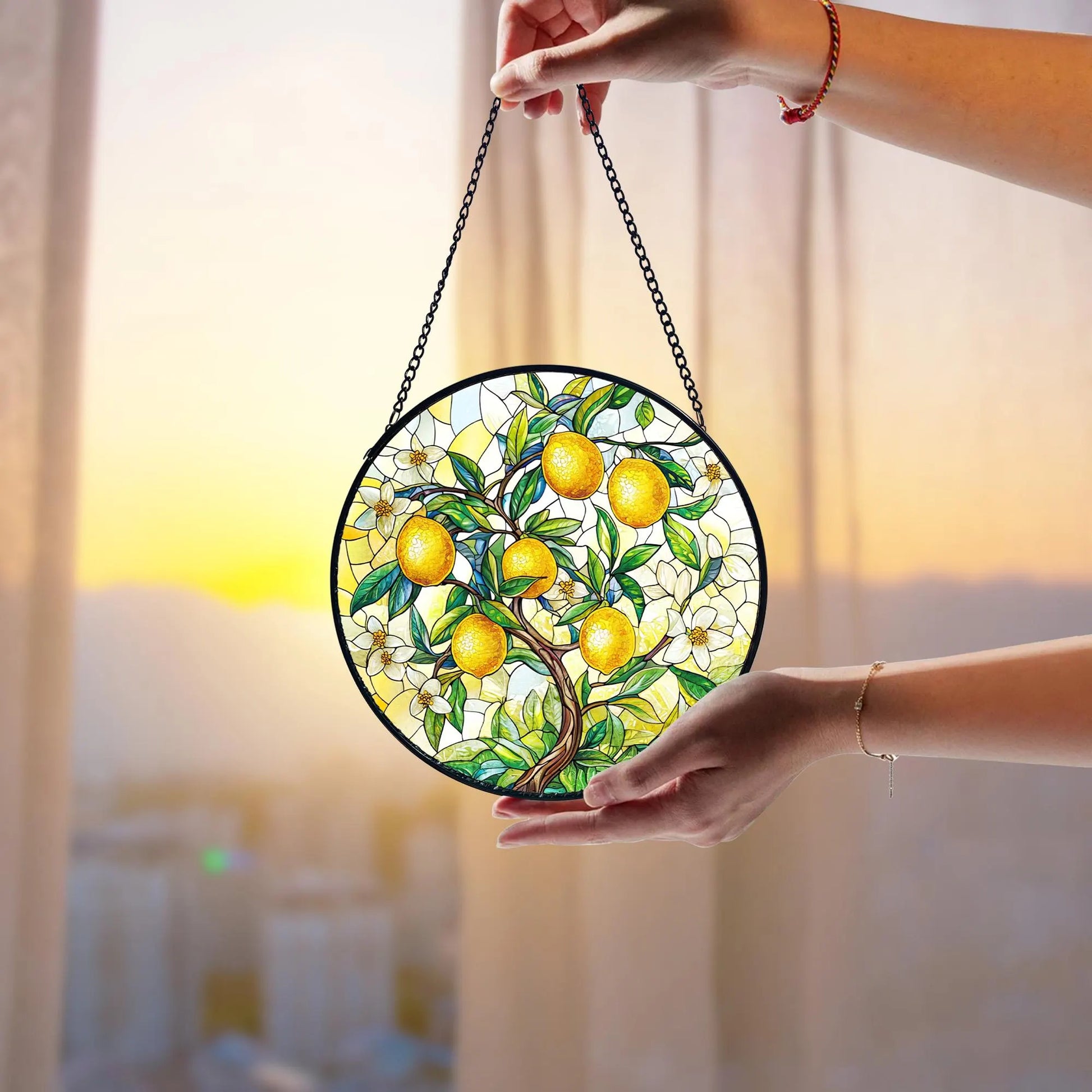 Lemon Branch Stained Glass Suncatcher_ Handmade Window Ornament, Acrylic Stained Glass Sun Catcher, Decorative Window Hanging Art, Colorful Light Reflecting Ornament, Artisan Home Decor Gift