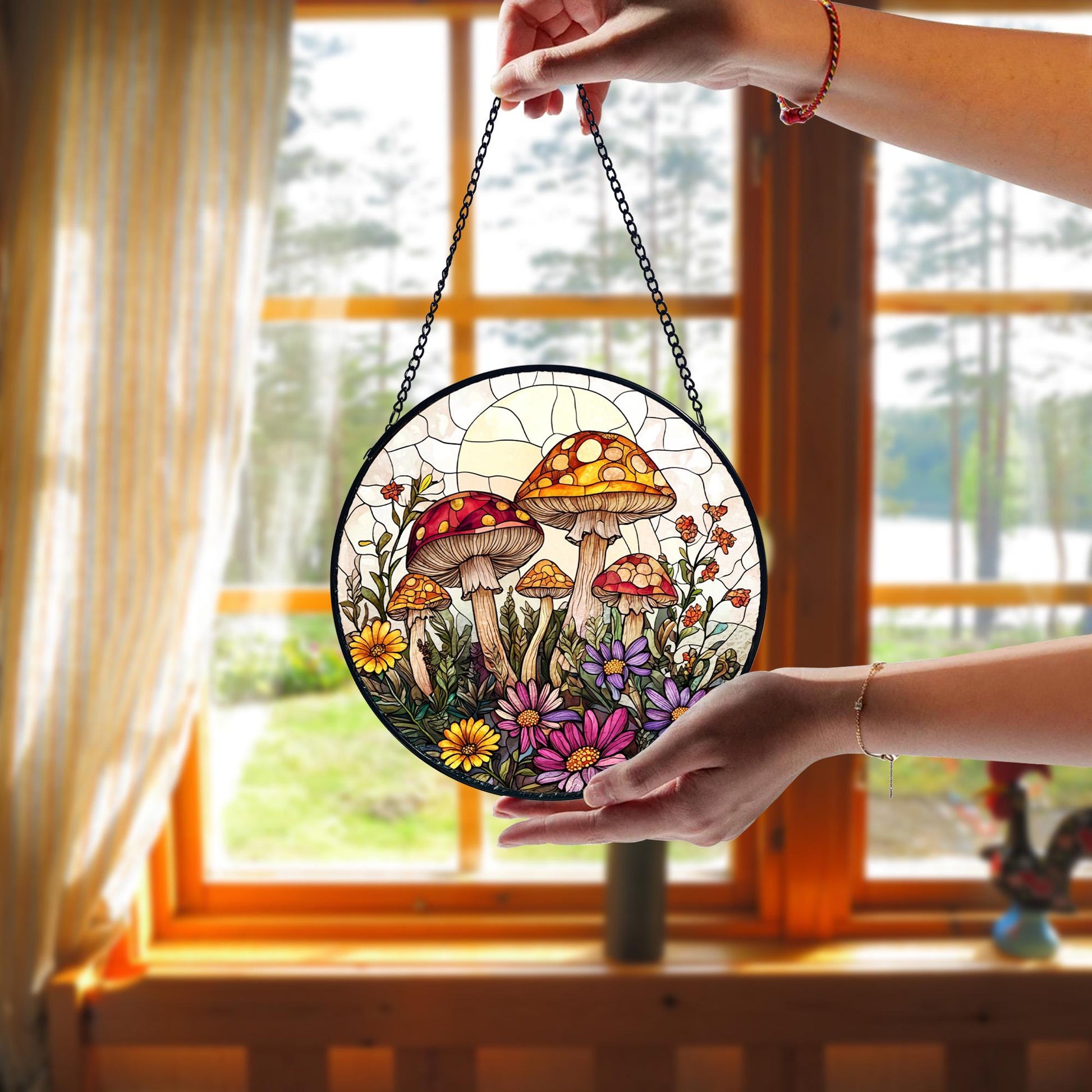 Mushroom Stained Glass Suncatcher_ Sunset Window Hanging Art, Artistic Stained Glass Acrylic Panel, Window Light Catcher Hanging, Colorful Home Decor Accent, Handmade Gift for Any Occasion