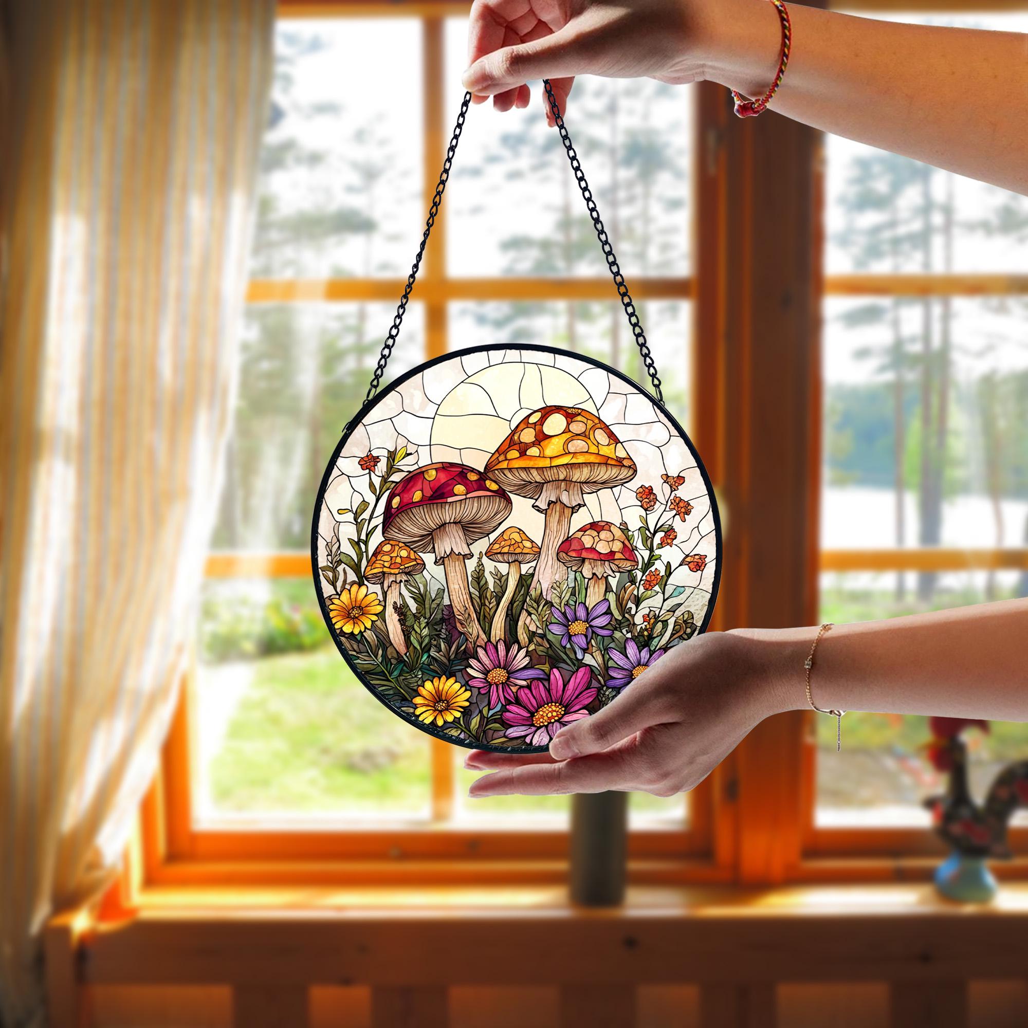 Mushroom Stained Glass Suncatcher_ Sunset Window Hanging Art, Artistic Stained Glass Acrylic Panel, Window Light Catcher Hanging, Colorful Home Decor Accent, Handmade Gift for Any Occasion