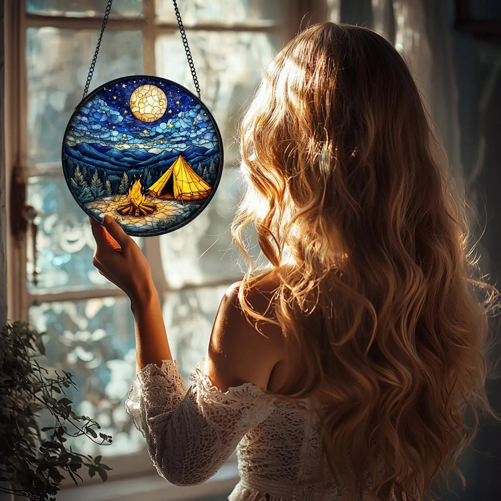 Starry Campfire Stained Glass Suncatcher_ Handmade Rustic Decor, Acrylic Stained Glass Clover Suncatcher, Lucky Window Hanging, Boho Green Ornament, Unique Artisan Home Decor