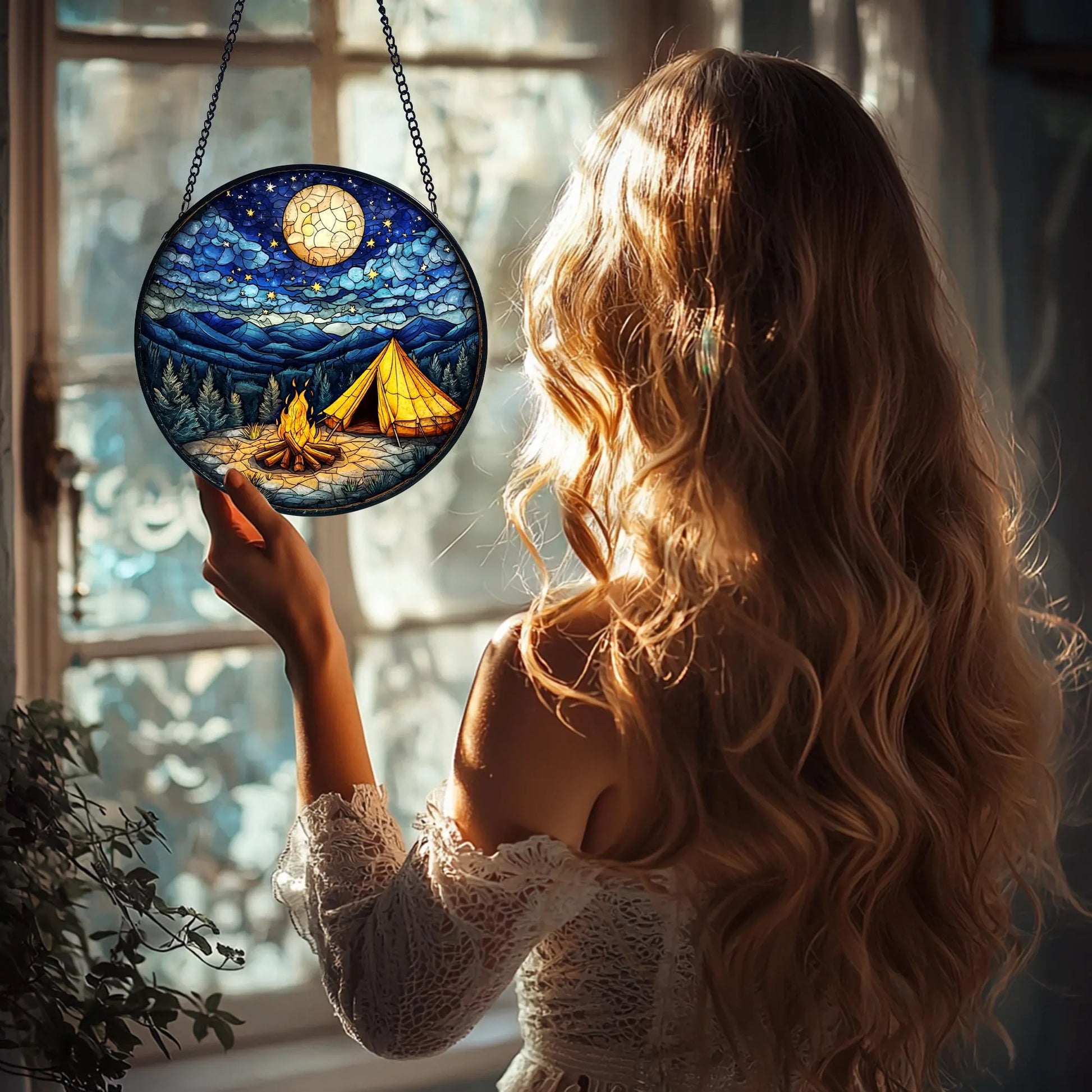 Starry Campfire Stained Glass Suncatcher_ Handmade Rustic Decor, Acrylic Stained Glass Clover Suncatcher, Lucky Window Hanging, Boho Green Ornament, Unique Artisan Home Decor