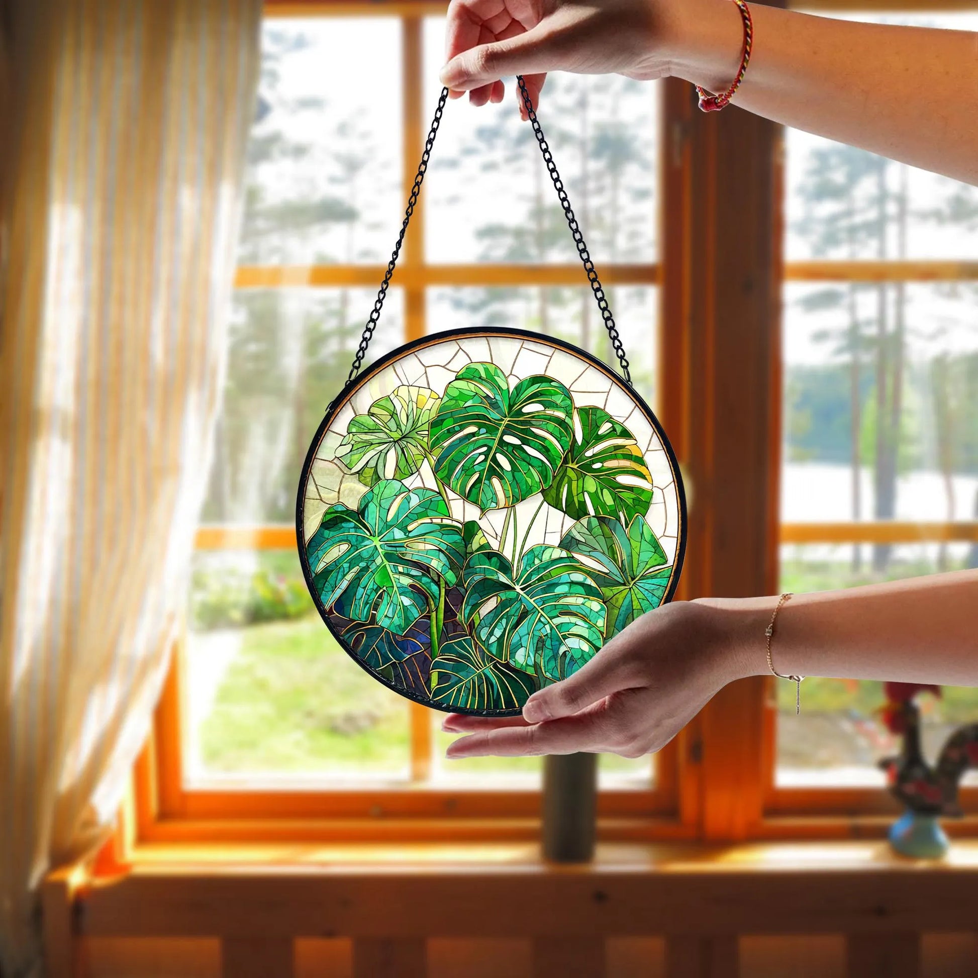 Handmade Monstera Stained Glass Suncatcher_ Botanical Window Decor, Stained Glass Acrylic Suncatcher, Vibrant Window Hanging Art, Colorful Light Catcher Decor, Boho Window Ornament, Unique Home Gift