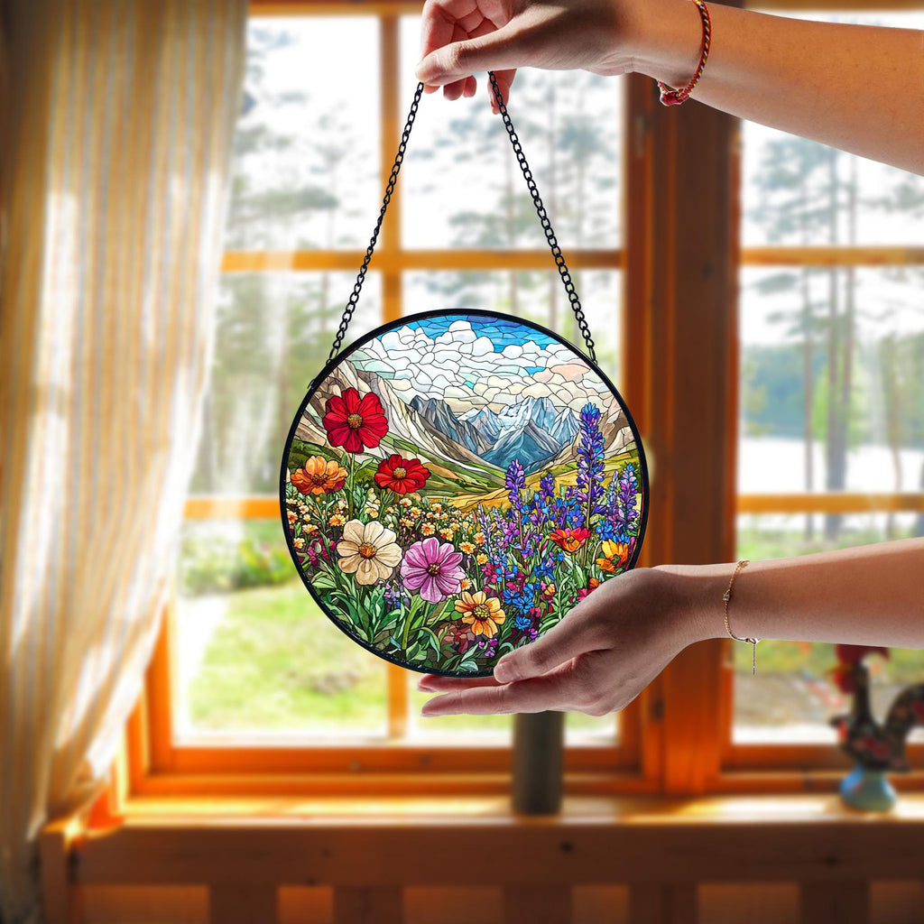 Handmade Stained Glass Wildflower Suncatcher_ Mountain Meadow Window Art, Handcrafted Stained Glass Suncatcher, Vibrant Window Art Panel, Sunlit Light Catcher Decoration, Boho Room Decor, Gift for Home Lovers