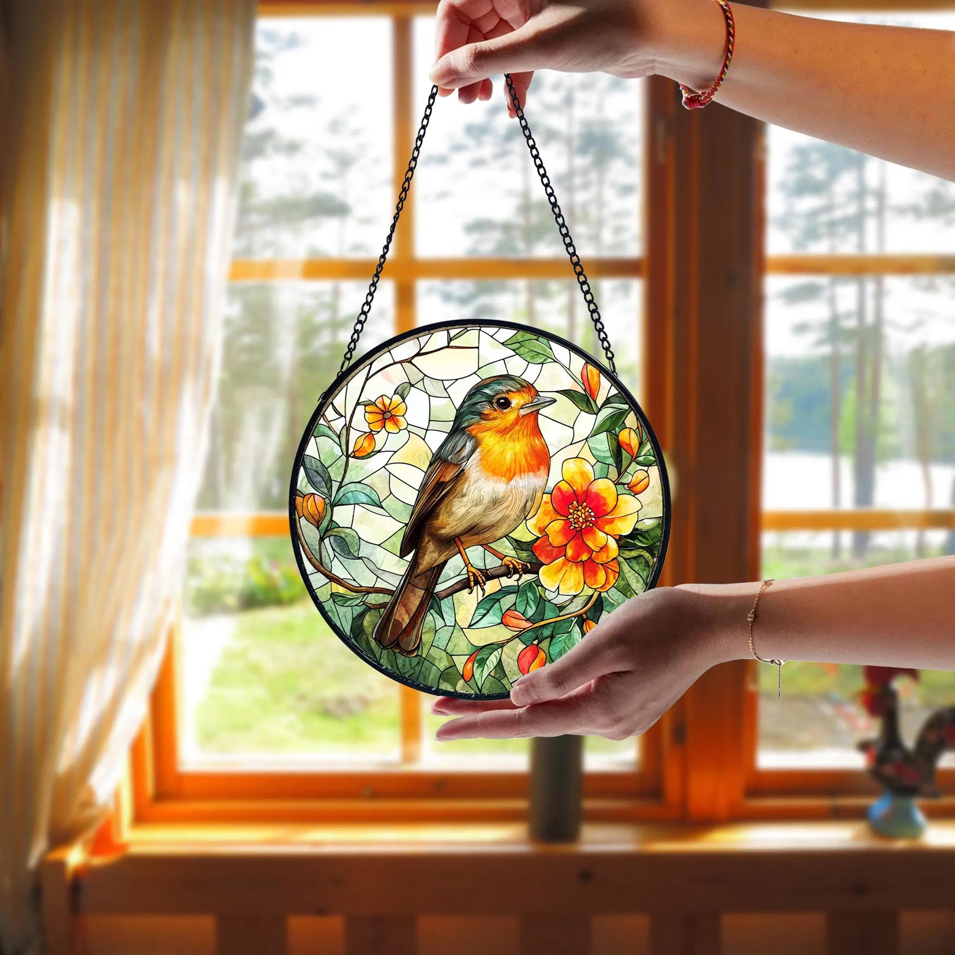 Robin Bird Stained Glass Suncatcher_ Floral Window Hanging, Artistic Stained Glass Acrylic Panel, Window Light Catcher Hanging, Colorful Home Decor Accent, Handmade Gift for Any Occasion