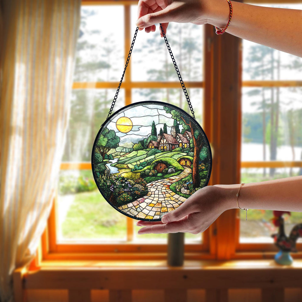 Handmade Shire Stained Glass Suncatcher_ Fantasy Home Decor, Handcrafted Stained Glass Suncatcher, Vibrant Window Art Panel, Sunlit Light Catcher Decoration, Boho Room Decor, Gift for Home Lovers