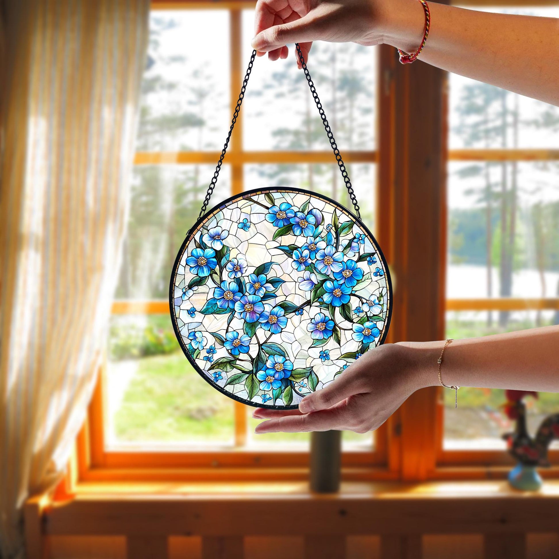 Forget-me-not Stained Glass Suncatcher_ Handmade Floral Window Decor, Colorful Sun Catcher Ornament, Boho Window Decoration, Unique Gift
