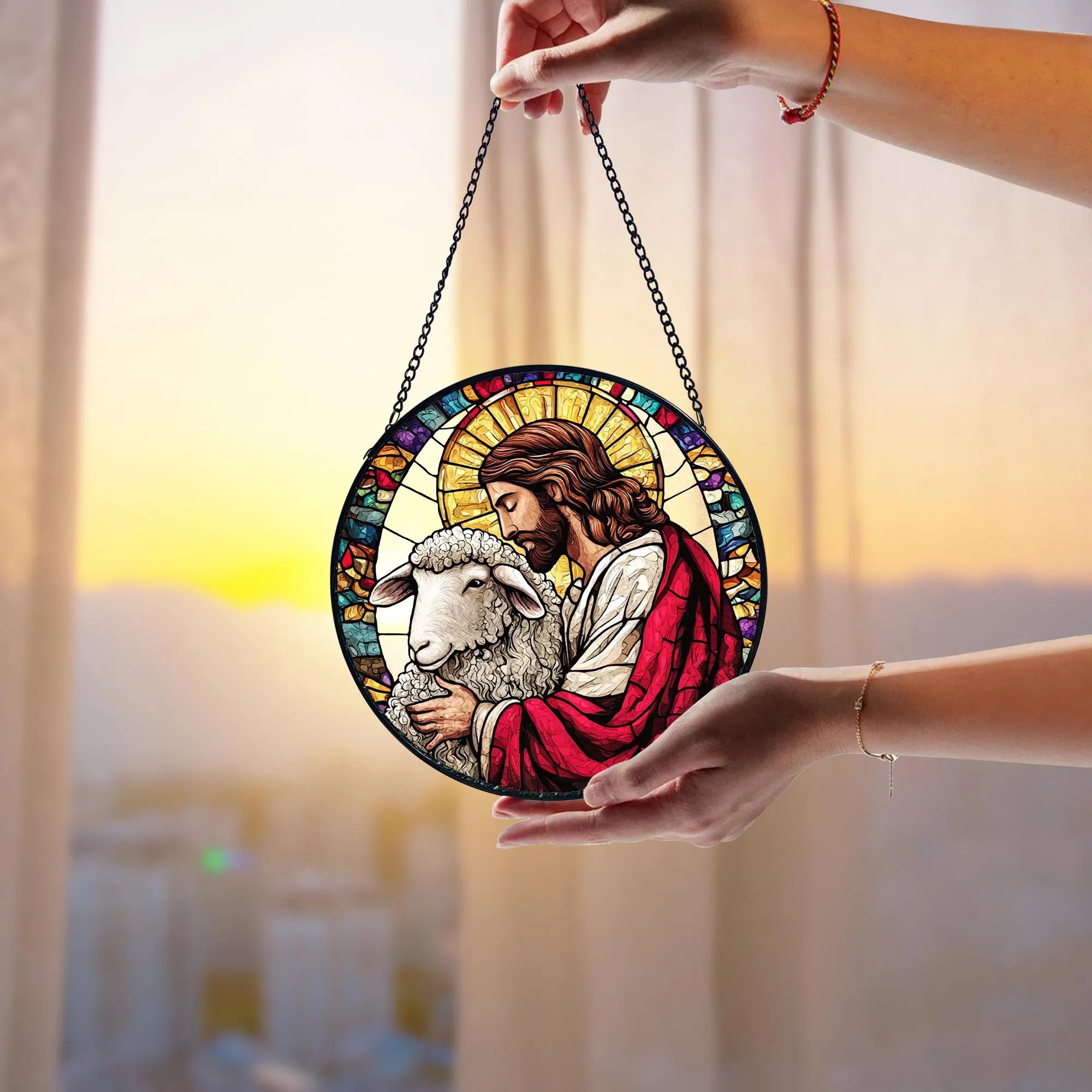 Handmade Stained Glass Suncatcher_ Jesus Leaves the 99, Christian Decor, Handcrafted Stained Glass Suncatcher, Vibrant Window Art Panel, Sunlit Light Catcher Decoration, Boho Room Decor, Gift for Home Lovers