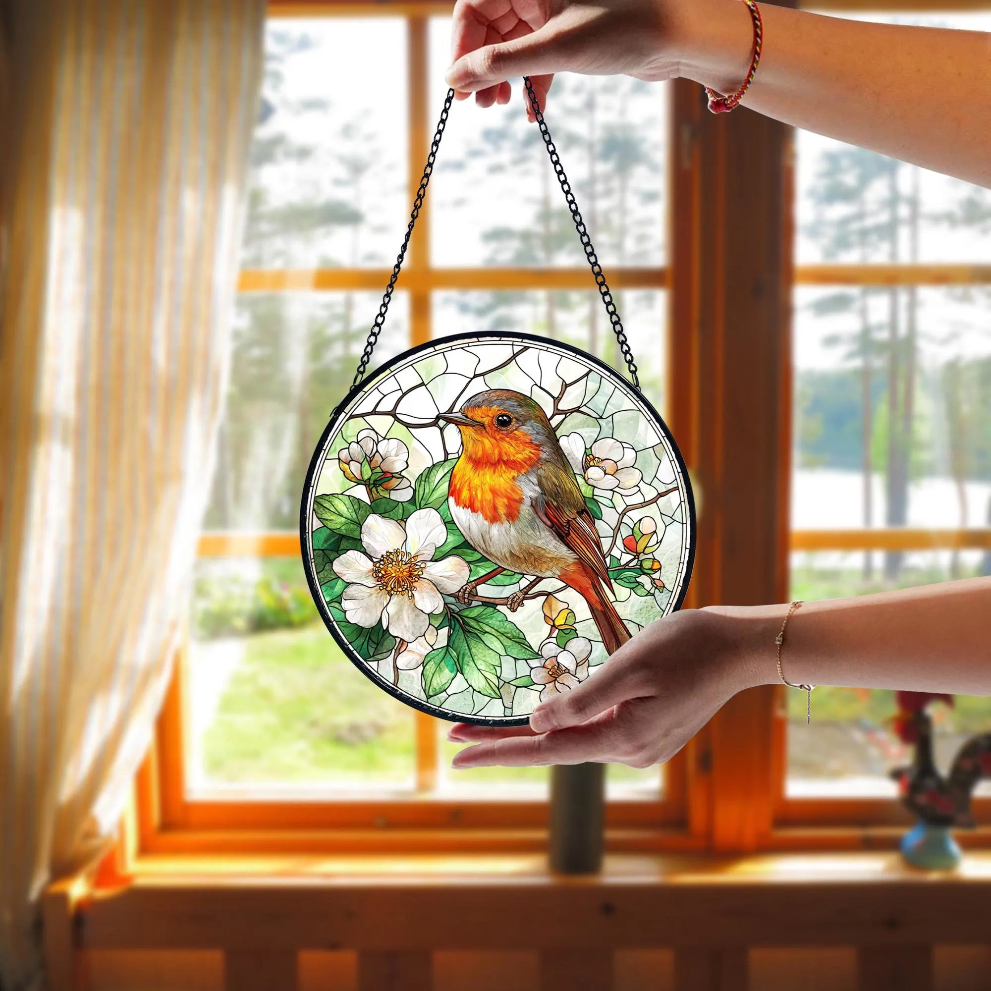 Robin Bird Stained Glass Suncatcher_ Window Hanging Decor, Artistic Stained Glass Acrylic Panel, Window Light Catcher Hanging, Colorful Home Decor Accent, Handmade Gift for Any Occasion