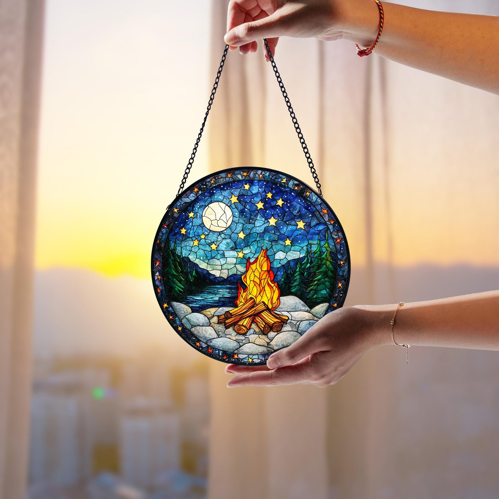 Handmade Starry Campfire Faux Stained Glass Suncatcher_ Rustic Outdoor Decor, Handcrafted Stained Glass Suncatcher, Vibrant Window Art Panel, Sunlit Light Catcher Decoration, Boho Room Decor, Gift for Home Lovers
