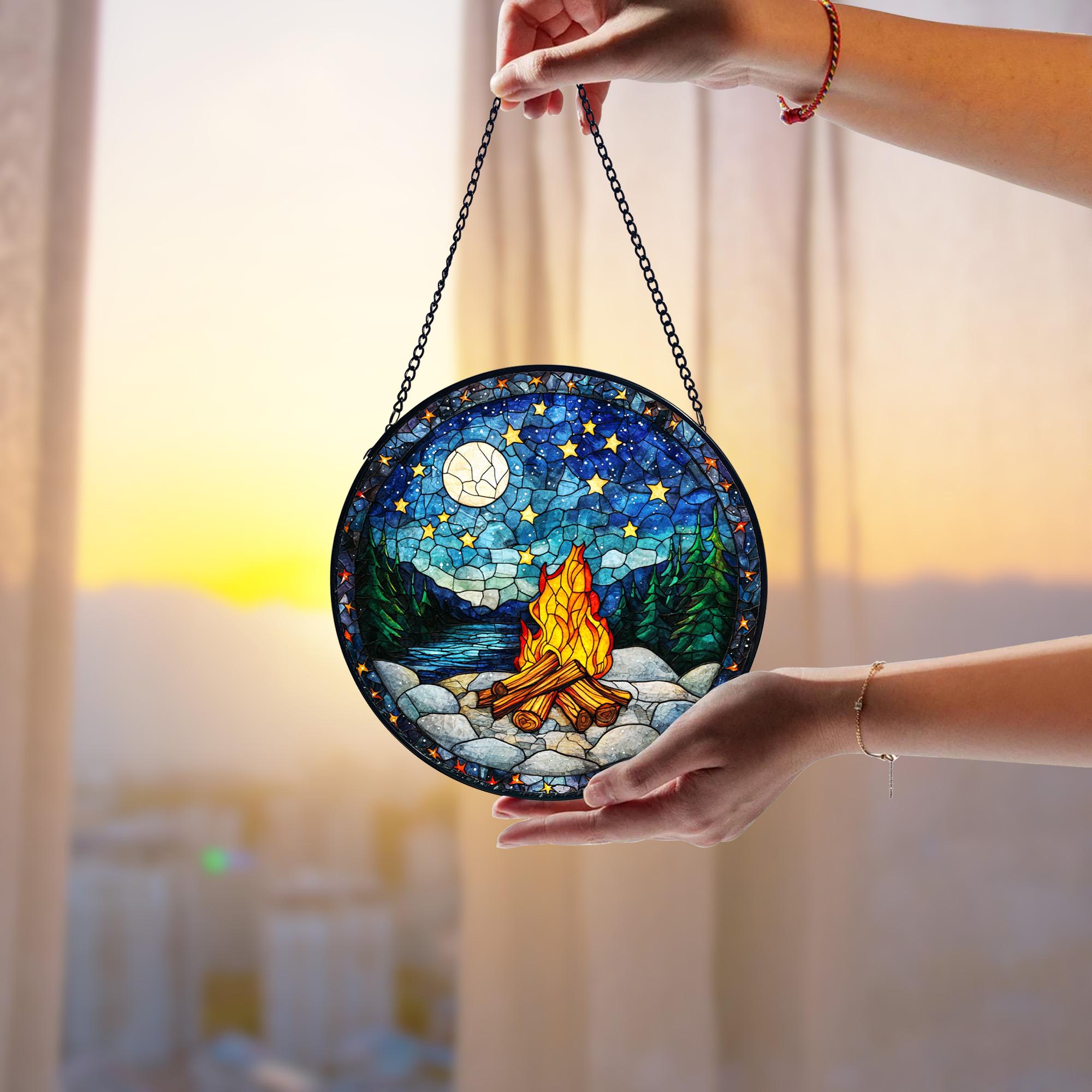 Handmade Starry Campfire Faux Stained Glass Suncatcher_ Rustic Outdoor Decor, Handcrafted Stained Glass Suncatcher, Vibrant Window Art Panel, Sunlit Light Catcher Decoration, Boho Room Decor, Gift for Home Lovers