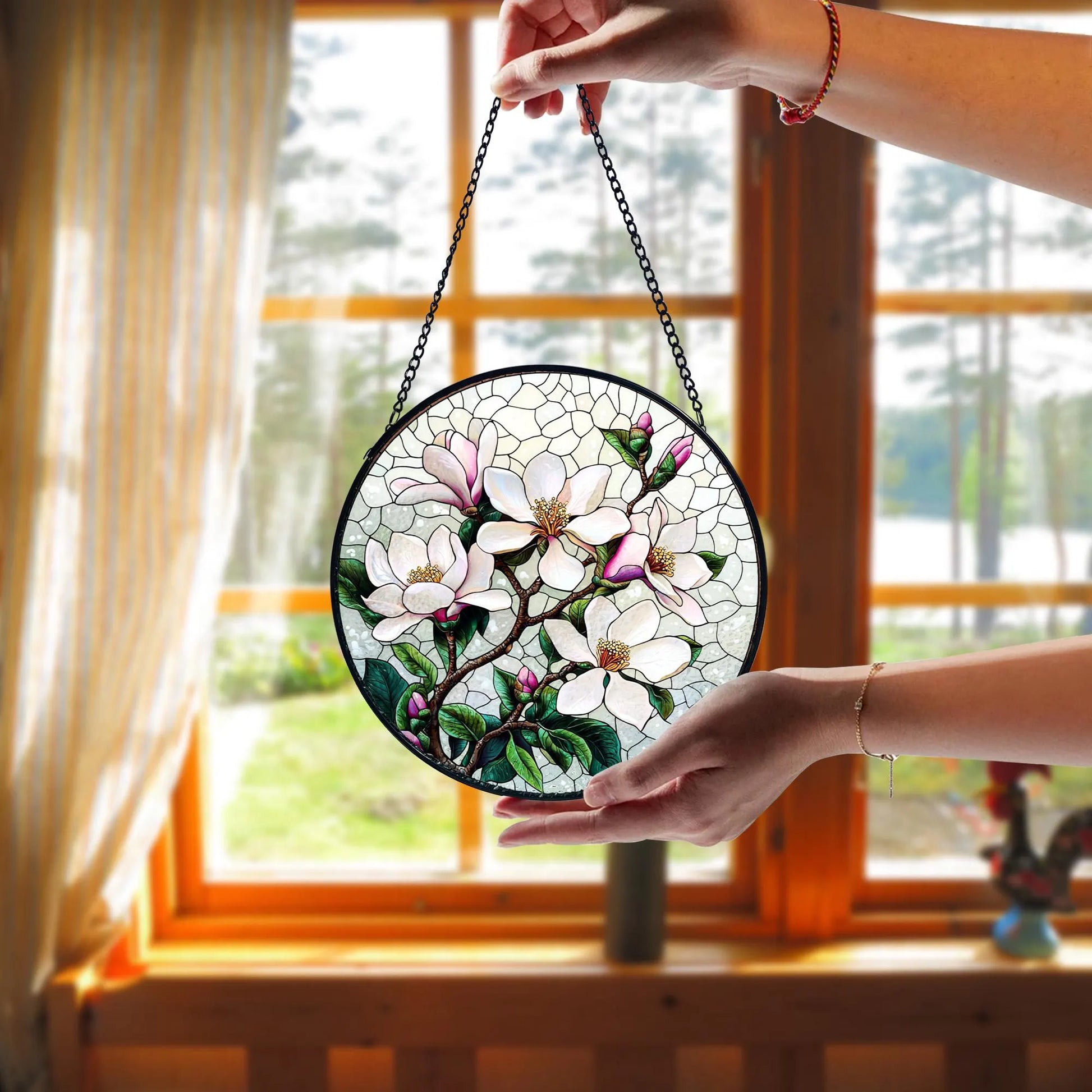 Handmade White Magnolia Stained Glass Suncatcher_ Floral Window Art, Handcrafted Stained Glass Suncatcher, Vibrant Window Art Panel, Sunlit Light Catcher Decoration, Boho Room Decor, Gift for Home Lovers