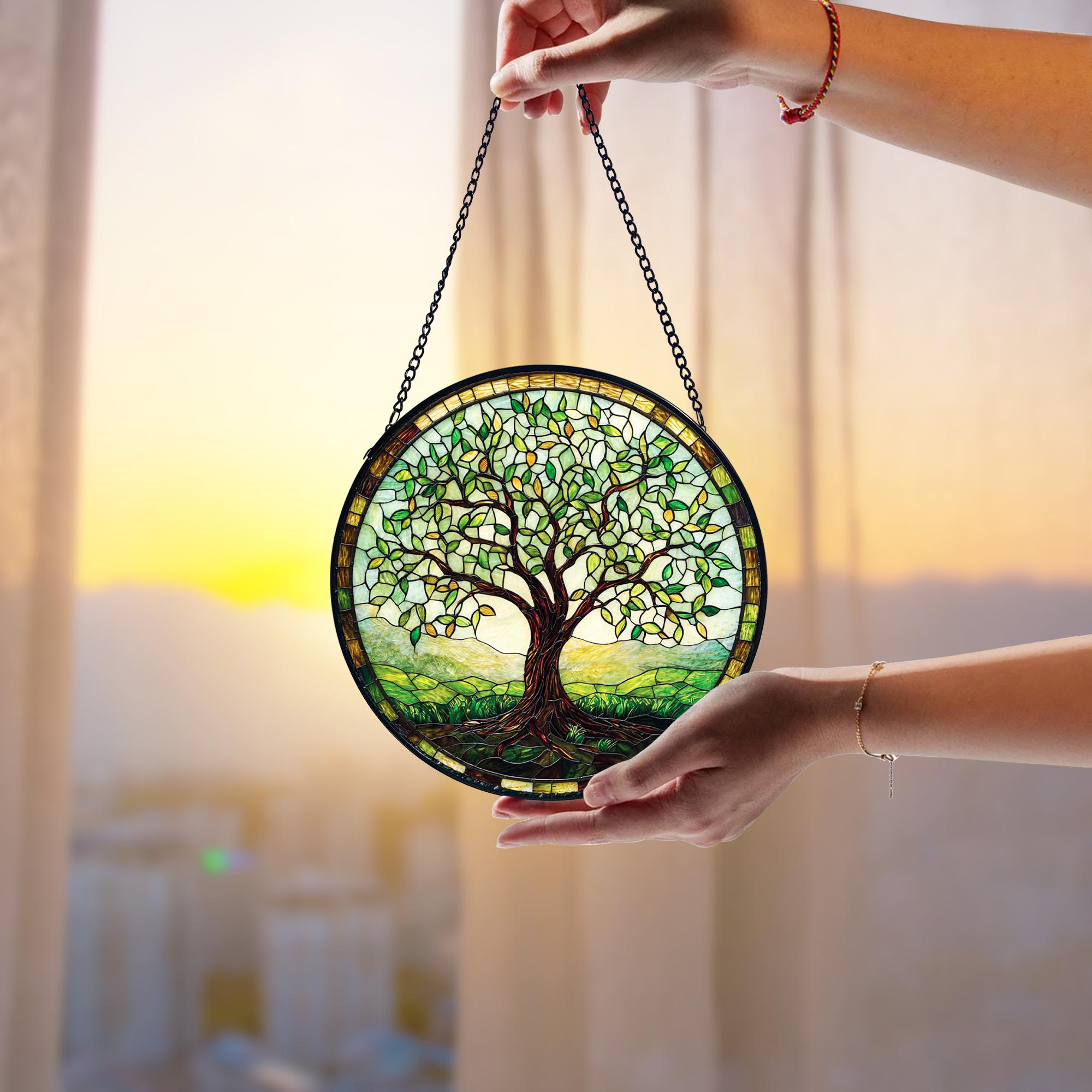 Handmade Tree of Life Stained Glass Window Hanging_ Nature Decor, Handcrafted Stained Glass Suncatcher, Vibrant Window Art Panel, Sunlit Light Catcher Decoration, Boho Room Decor, Gift for Home Lovers