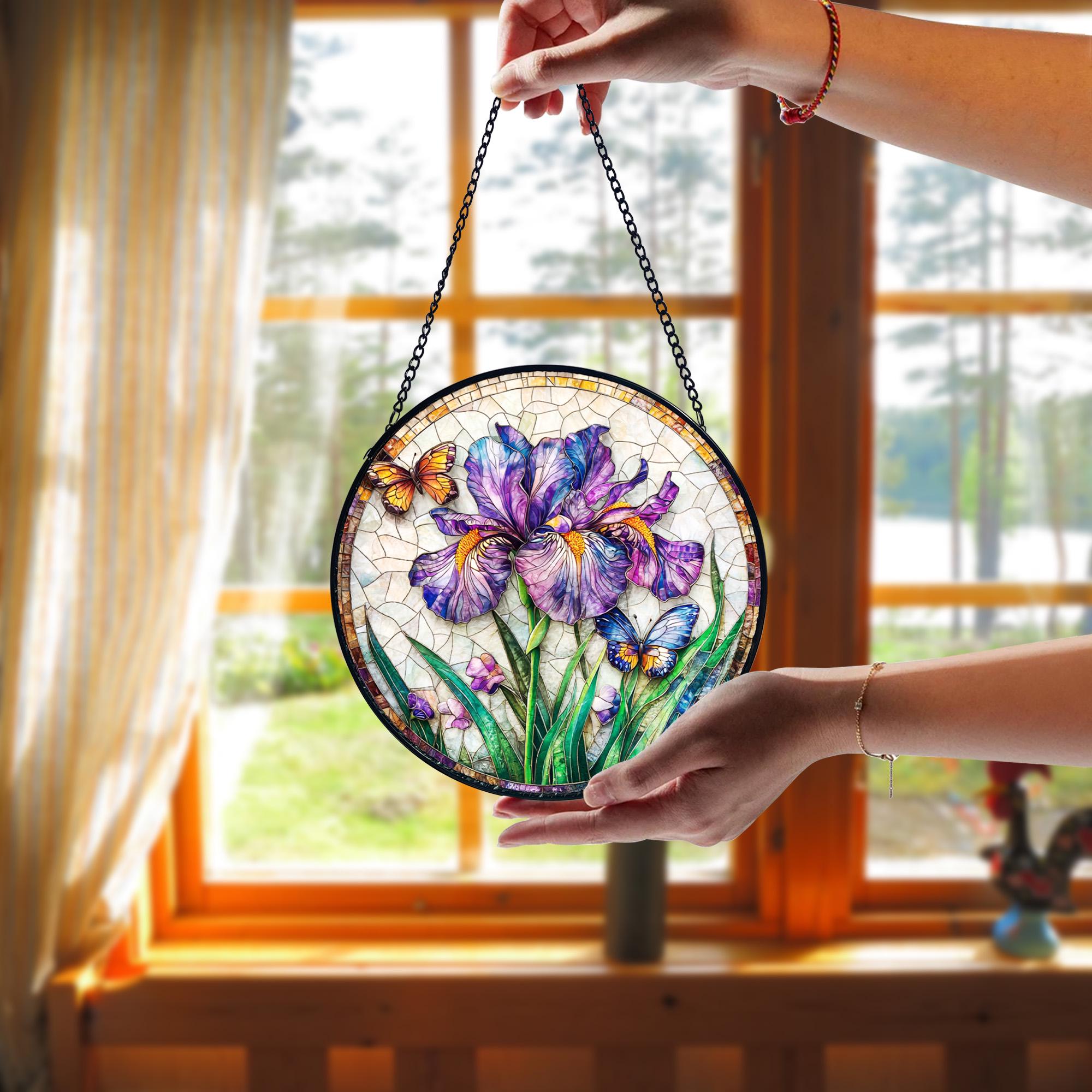 Handcrafted Purple Iris Stained Glass Suncatcher_ Floral Window Decor, Boho Window Decoration, Unique Gift