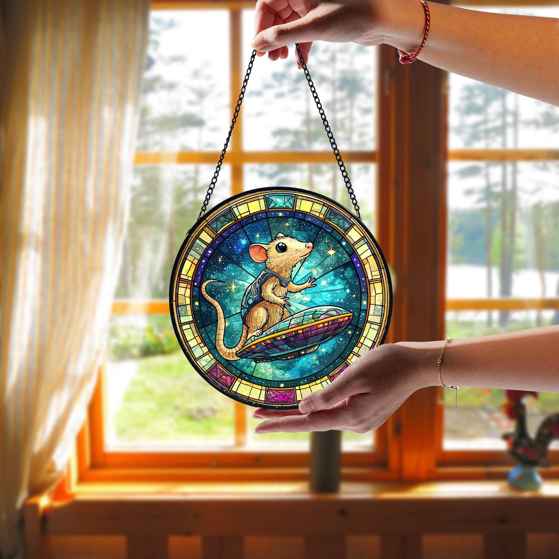 UFO Abduction Opossum Stained Glass Suncatcher_ Funny Alien Decor, Decorative Stained Glass Style Suncatcher, Acrylic Window Art Panel, Sun Catcher Hanging Ornament, Unique Home Accent, andmade Home Decoration