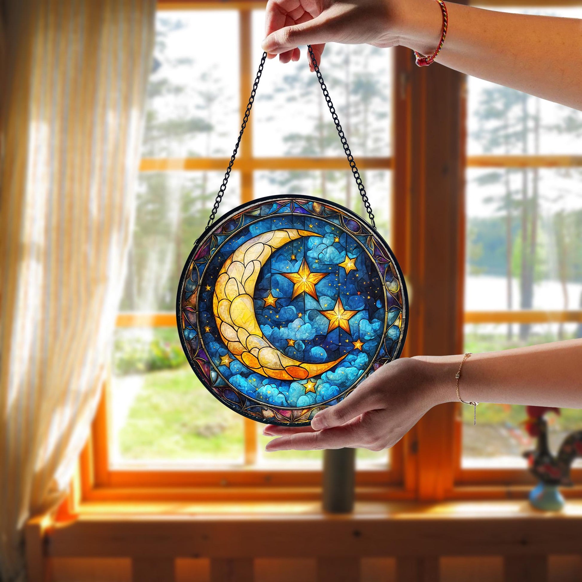 Moon and Star Stained Glass Suncatcher_ Celestial Window Hanging, Acrylic Stained Glass Window Art, Handmade Sun Catcher Hanging Decor, Colorful Light Reflecting Panel, Unique Gift for Home
