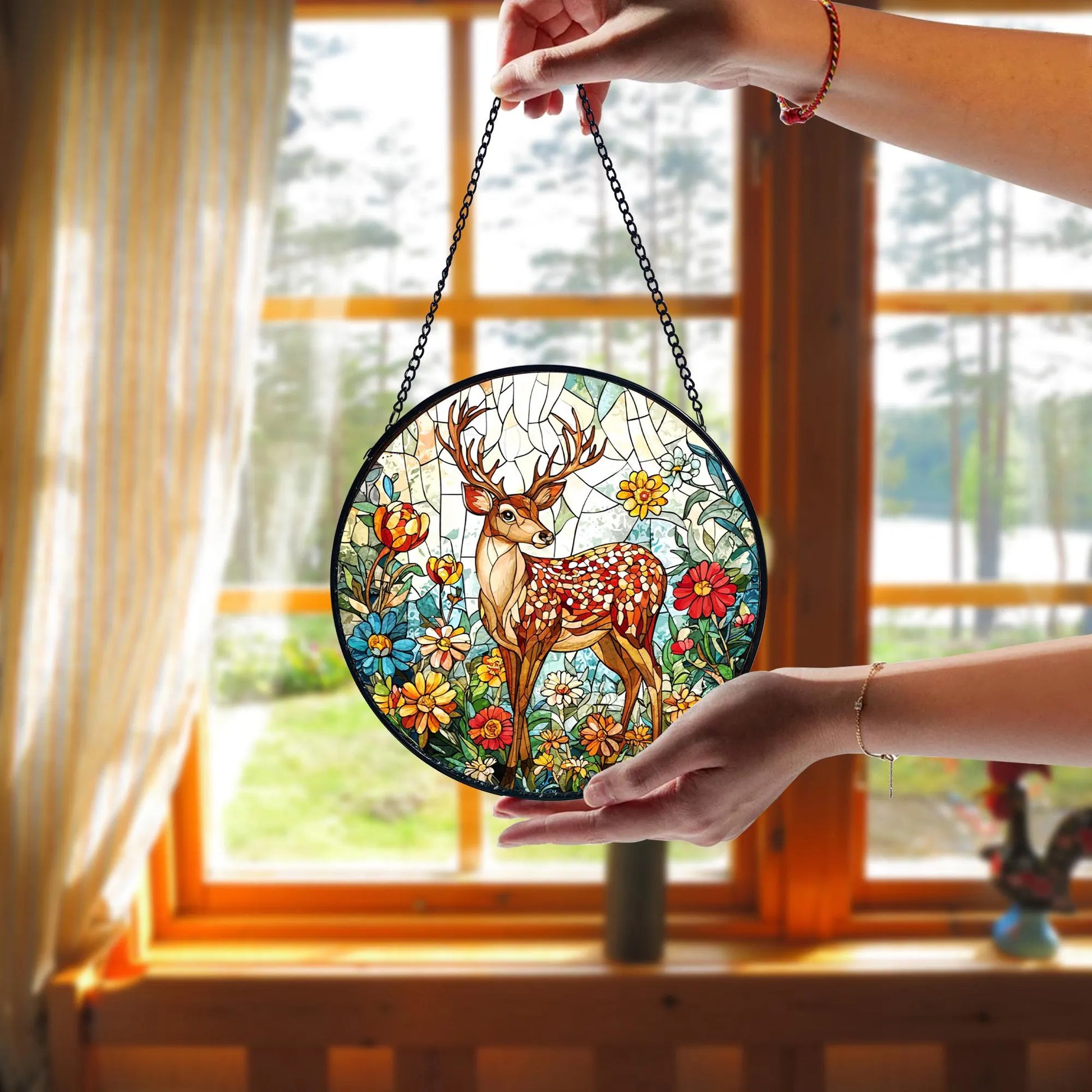 Deer Stained Glass Suncatcher_ Floral Window Hanging, Colorful Sun Catcher Ornament, Boho Window Decoration, Unique Gift