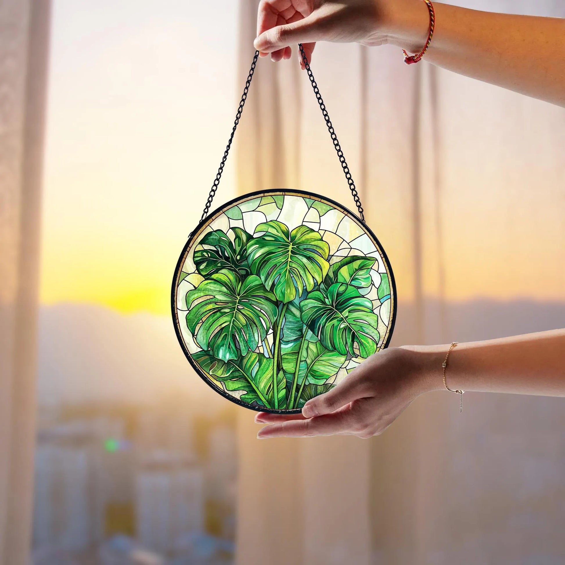 Handmade Monstera Plant Stained Glass Suncatcher_ Botanical Window Decor, Stained Glass Acrylic Suncatcher, Vibrant Window Hanging Art, Colorful Light Catcher Decor, Boho Window Ornament, Unique Home Gift