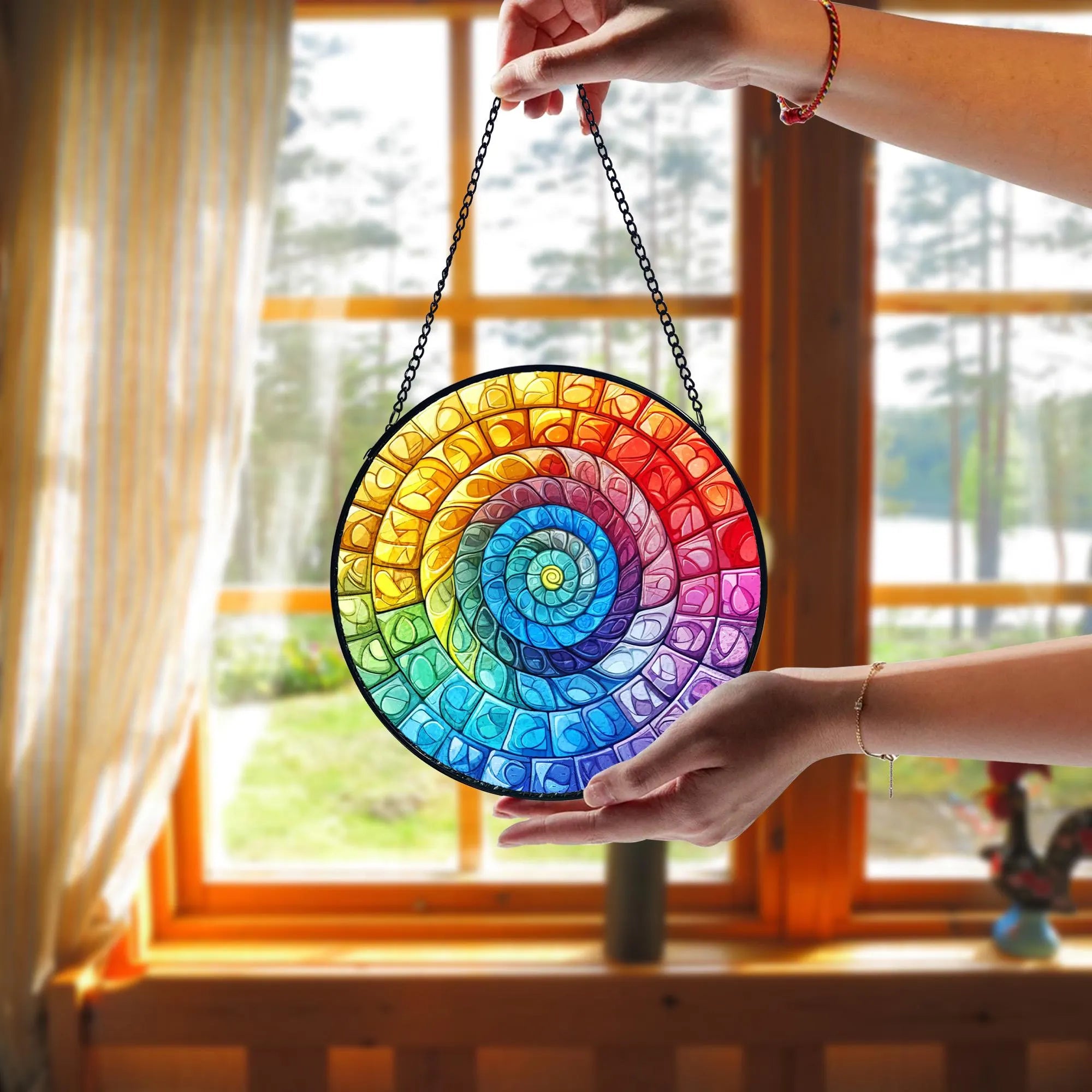 Rainbow Spiral Stained Glass Suncatcher_ Handmade Window Hanging, Artistic Stained Glass Acrylic Panel, Window Light Catcher Hanging, Colorful Home Decor Accent, Handmade Gift for Any Occasion