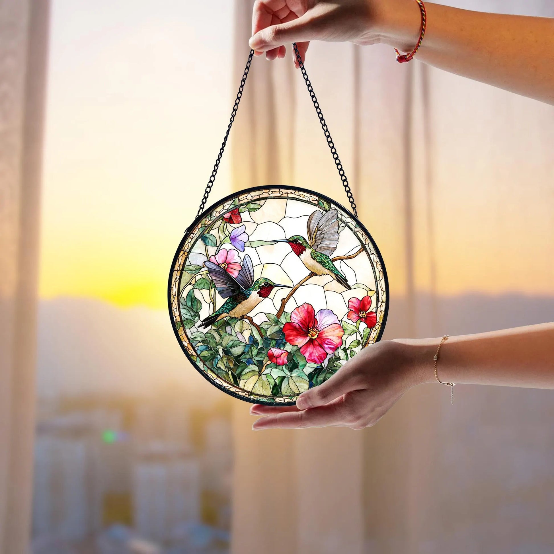 Hummingbird Stained Glass Suncatcher_ Wildflower Window Hanging, Acrylic Stained Glass Window Art, Handmade Sun Catcher Hanging Decor, Colorful Light Reflecting Panel, Unique Gift for Home