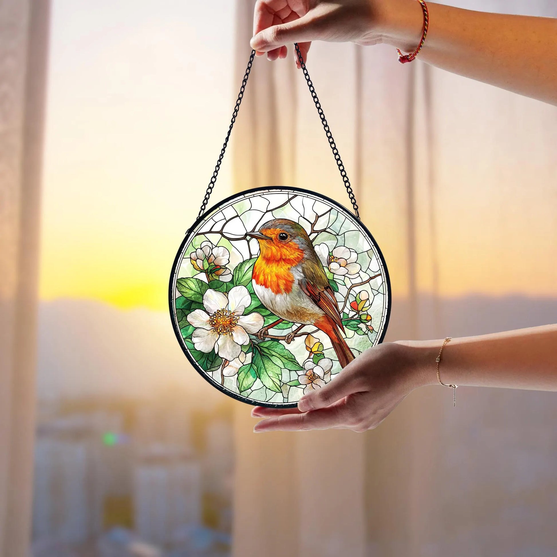 Robin Bird Stained Glass Suncatcher_ Window Hanging Decor, Artistic Stained Glass Acrylic Panel, Window Light Catcher Hanging, Colorful Home Decor Accent, Handmade Gift for Any Occasion