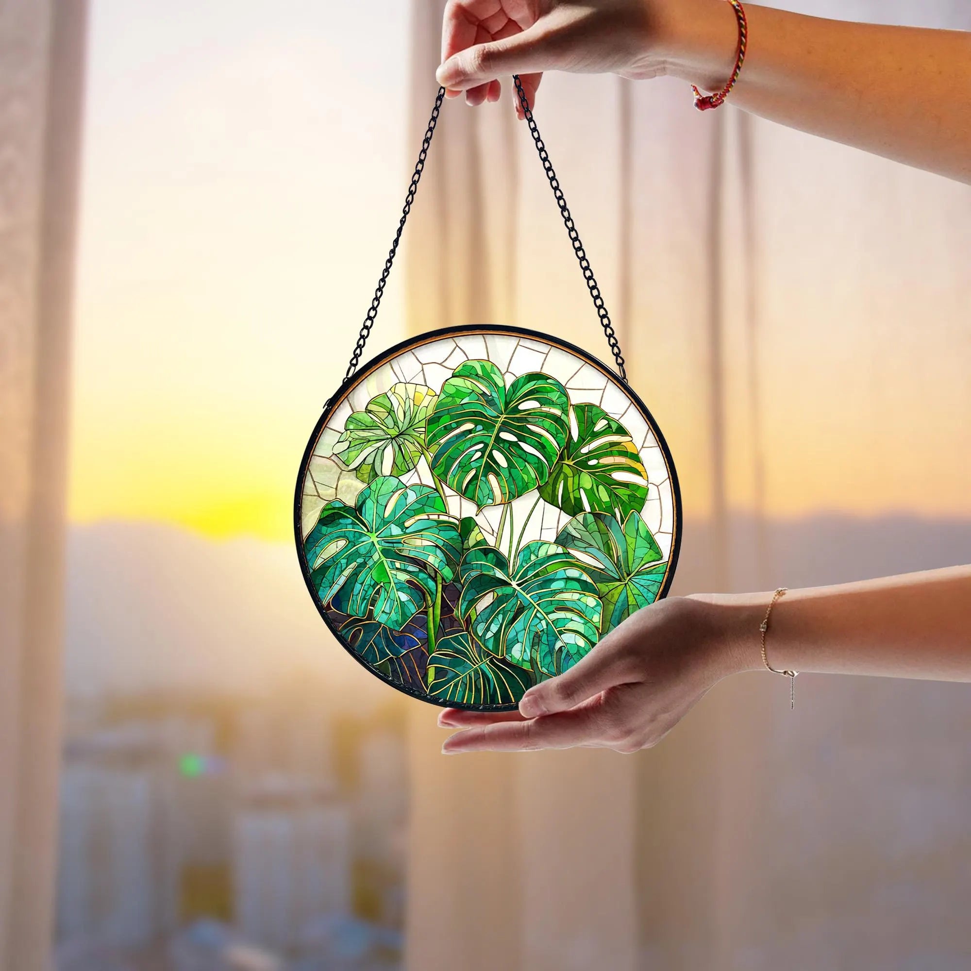 Handmade Monstera Stained Glass Suncatcher_ Botanical Window Decor, Stained Glass Acrylic Suncatcher, Vibrant Window Hanging Art, Colorful Light Catcher Decor, Boho Window Ornament, Unique Home Gift
