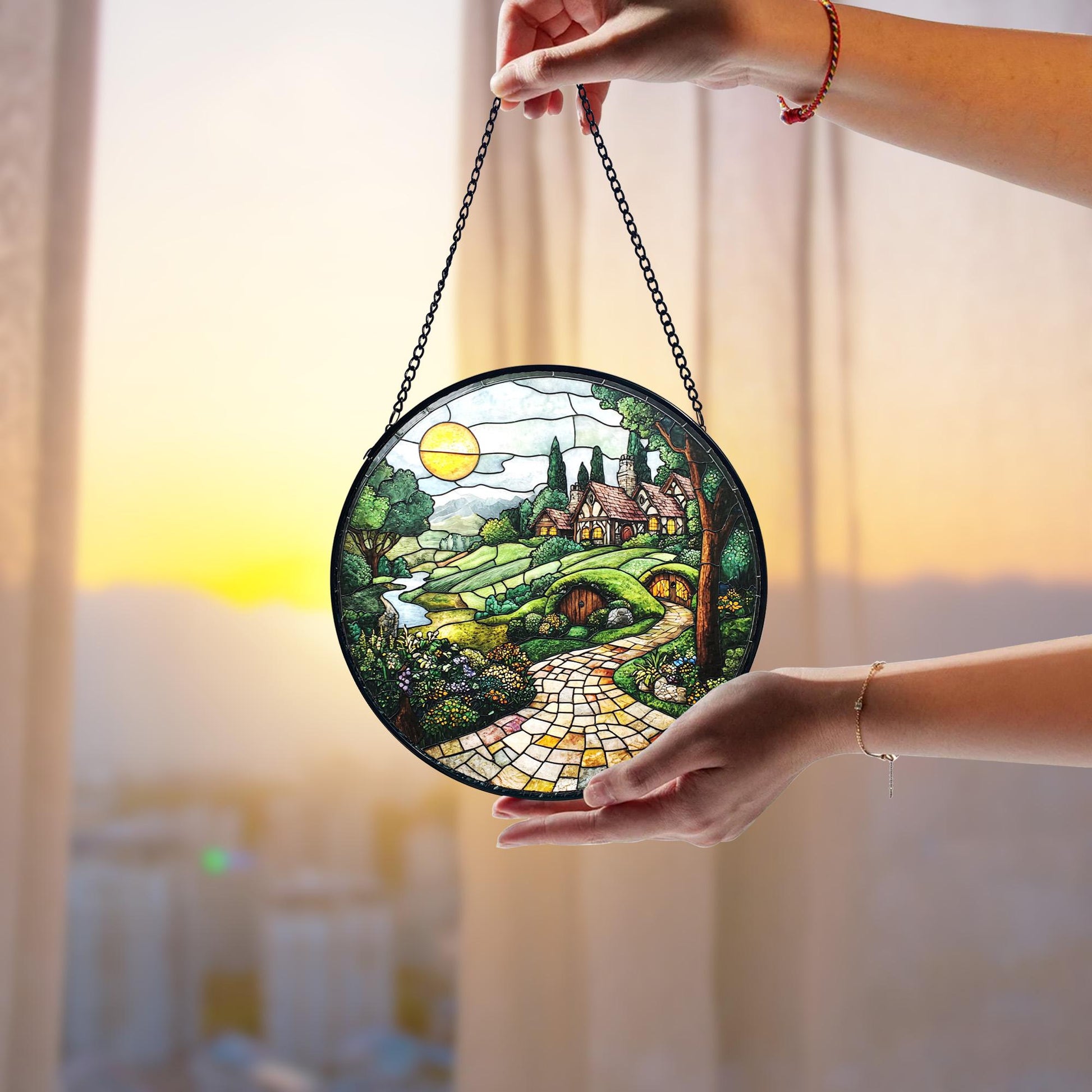 Handmade Shire Stained Glass Suncatcher_ Fantasy Home Decor, Handcrafted Stained Glass Suncatcher, Vibrant Window Art Panel, Sunlit Light Catcher Decoration, Boho Room Decor, Gift for Home Lovers