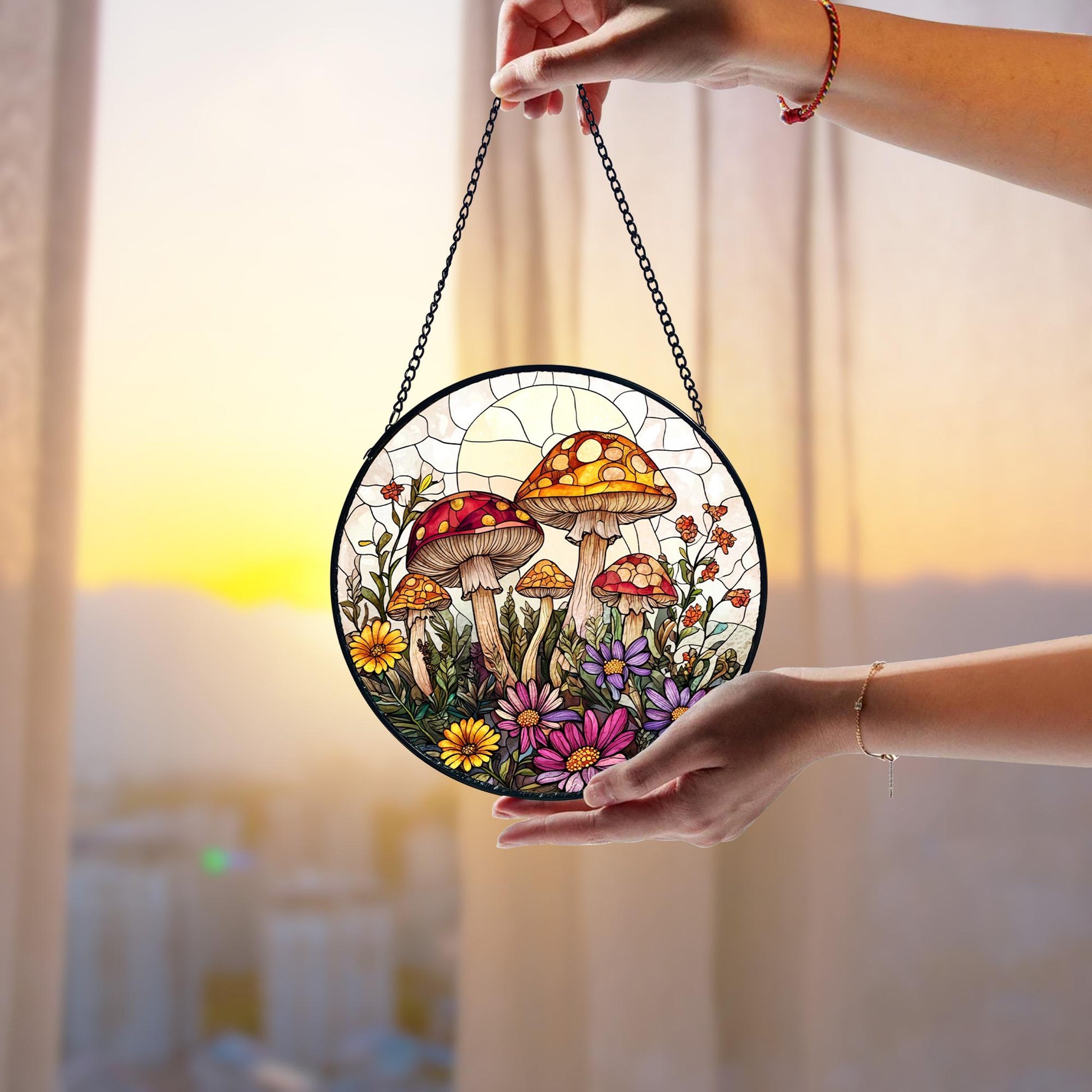 Mushroom Stained Glass Suncatcher_ Sunset Window Hanging Art, Artistic Stained Glass Acrylic Panel, Window Light Catcher Hanging, Colorful Home Decor Accent, Handmade Gift for Any Occasion