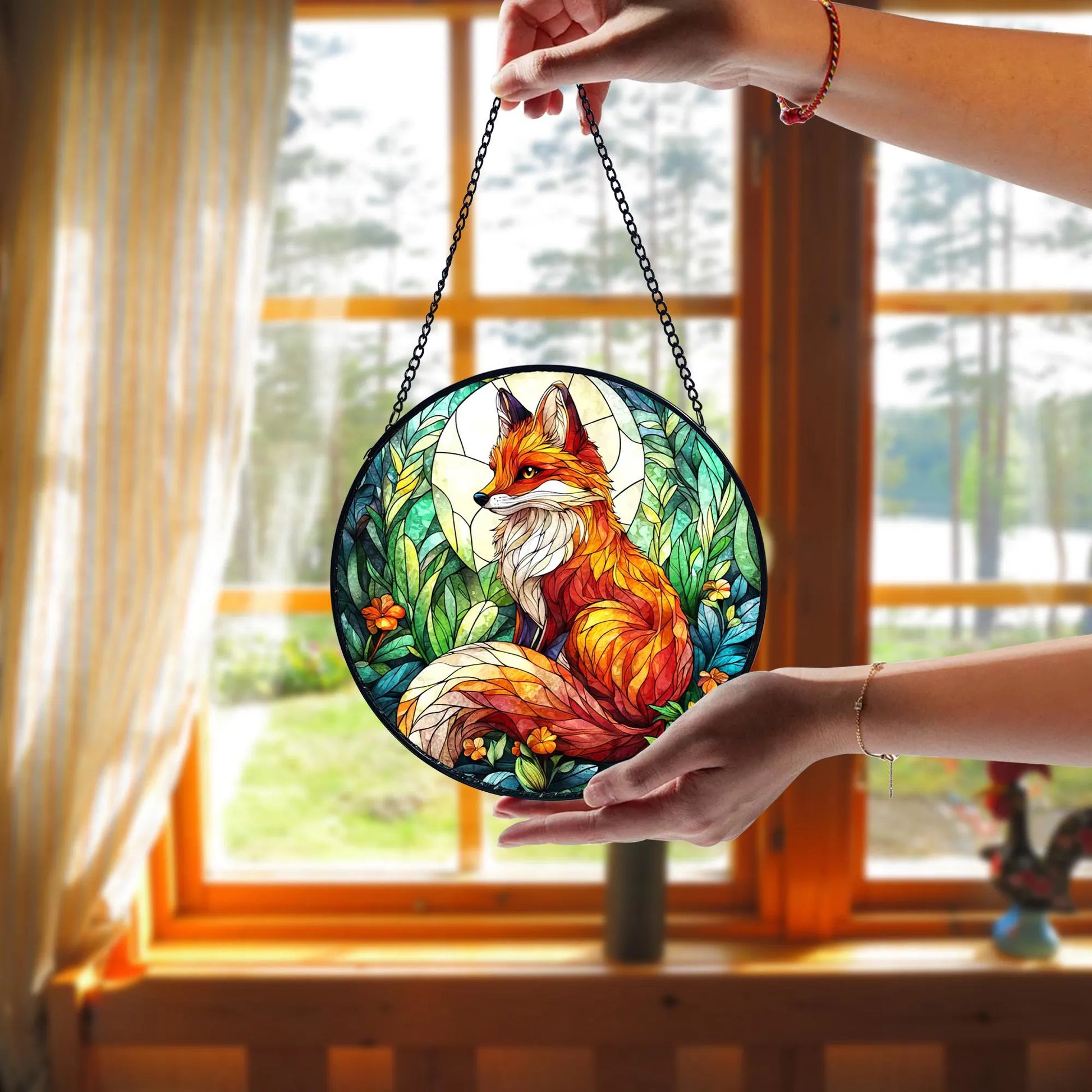Fox Stained Glass Suncatcher_ Woodland Window Hanging Decor, Colorful Sun Catcher Ornament, Boho Window Decoration, Unique Gift