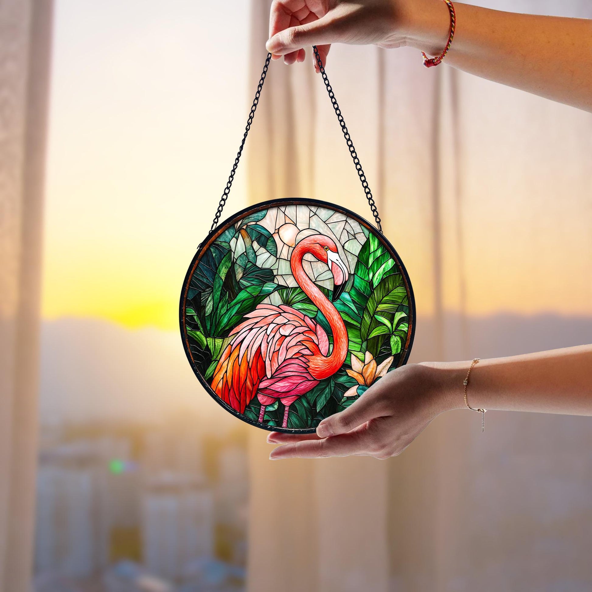 Stained Glass Flamingo Suncatcher_ Tropical Home Decor, Stained Glass Style Clover Window Suncatcher, Acrylic Lucky Hanging Decor, Four Leaf Sun Catcher, Green Home Ornament