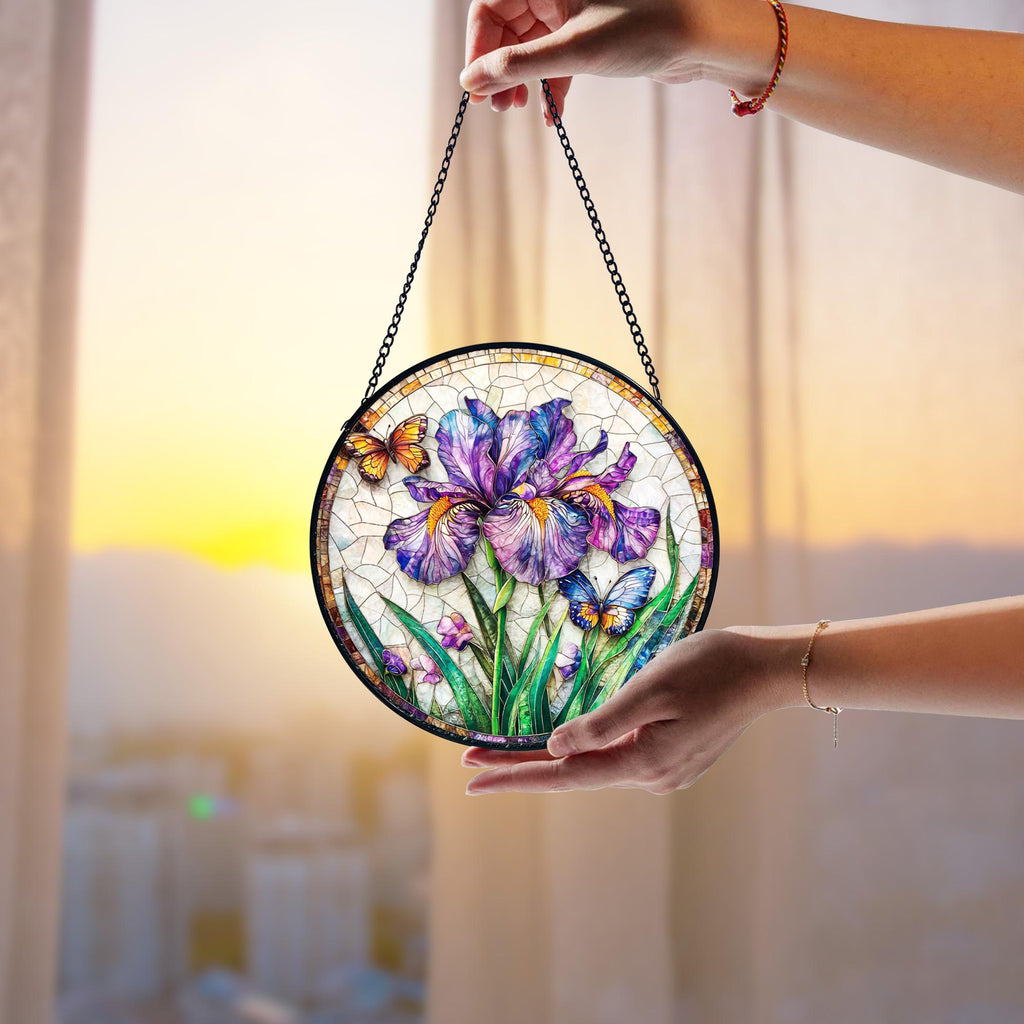 Handcrafted Purple Iris Stained Glass Suncatcher_ Floral Window Decor, Boho Window Decoration, Unique Gift