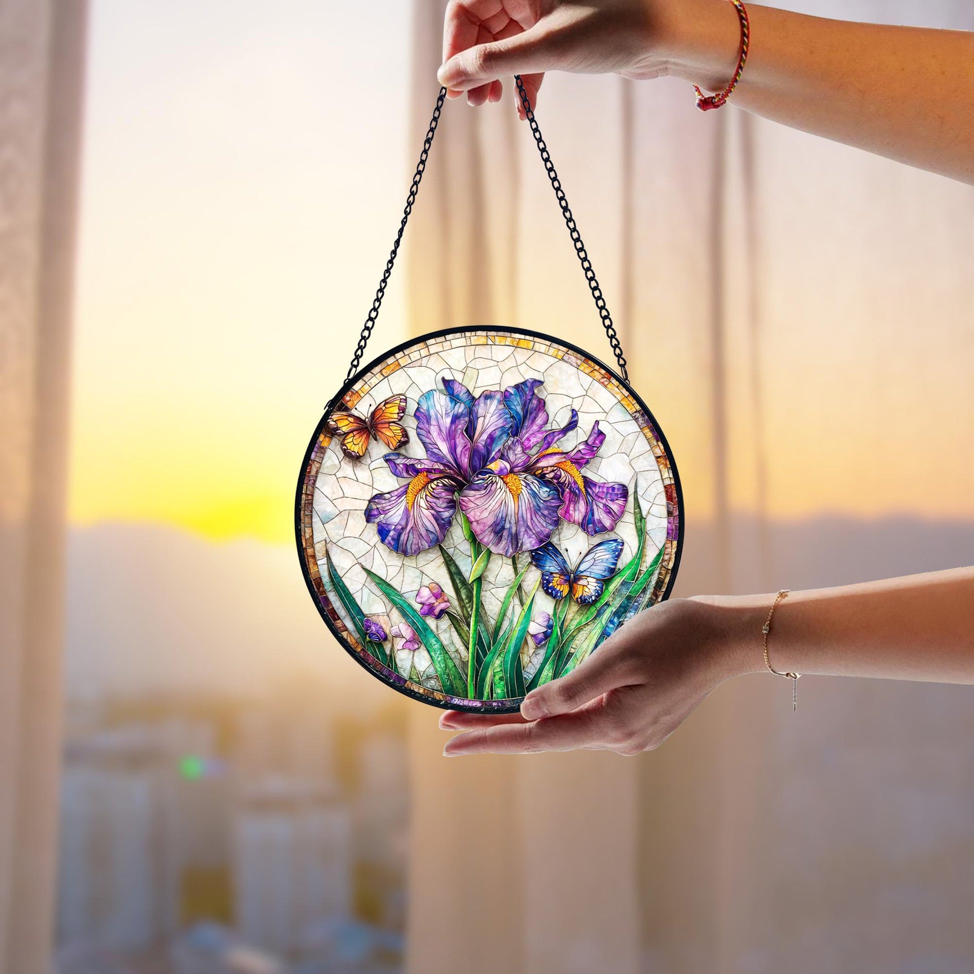 Handcrafted Purple Iris Stained Glass Suncatcher_ Floral Window Decor, Boho Window Decoration, Unique Gift