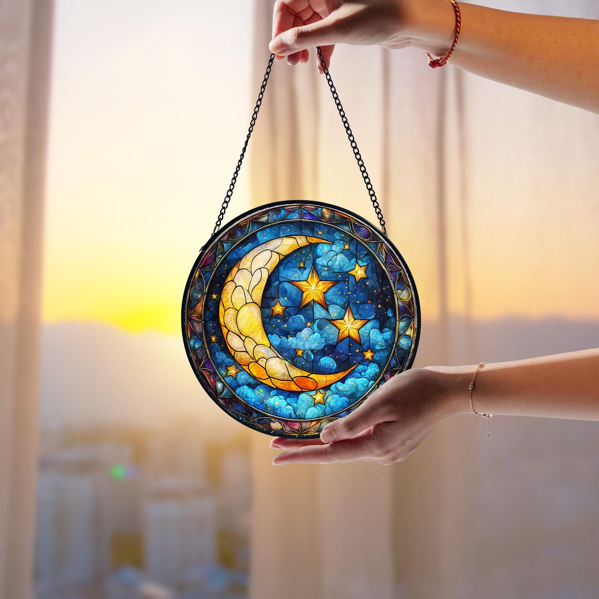 Moon and Star Stained Glass Suncatcher_ Celestial Window Hanging, Acrylic Stained Glass Window Art, Handmade Sun Catcher Hanging Decor, Colorful Light Reflecting Panel, Unique Gift for Home